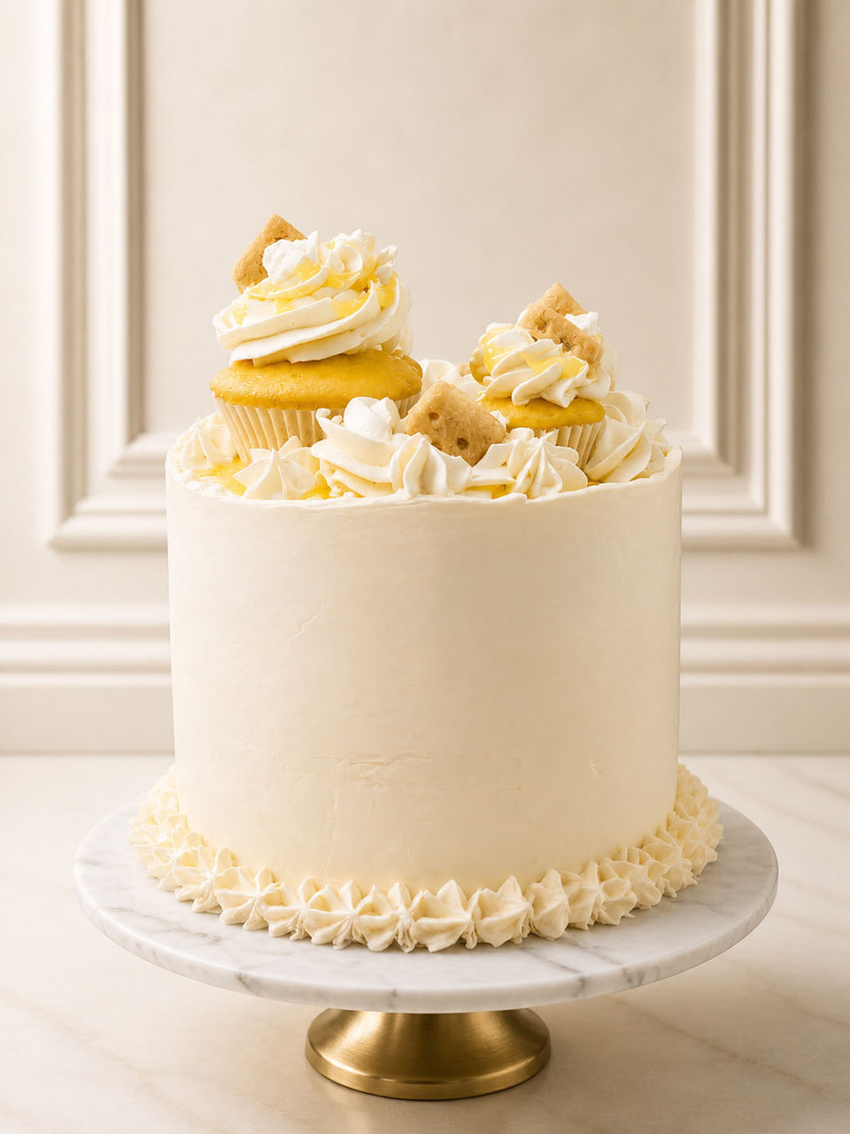 Luxury lemon meringue cake with lemon curd and shortbread, London and Surrey.