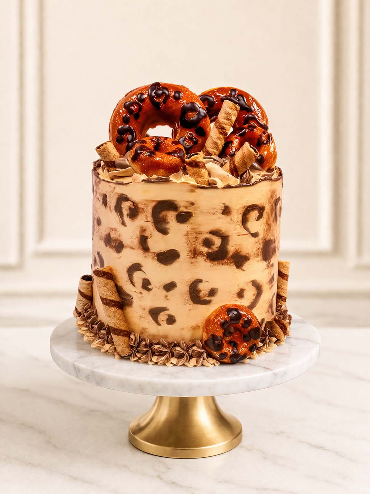 Luxury leopard print cake with salted caramel and doughnuts, London & Surrey.