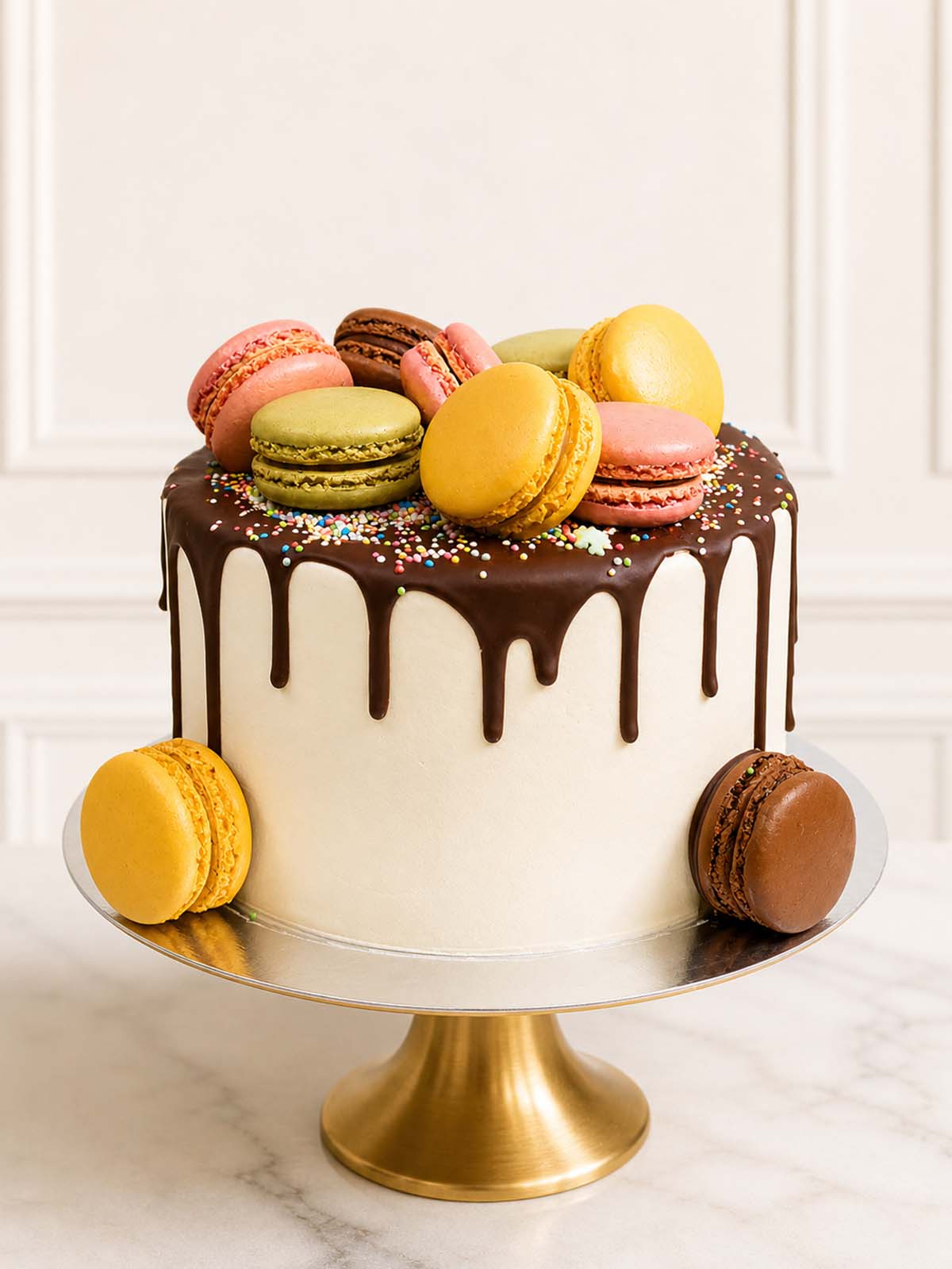 Luxury macaron vanilla cake with chocolate drip and confetti, London & Surrey.