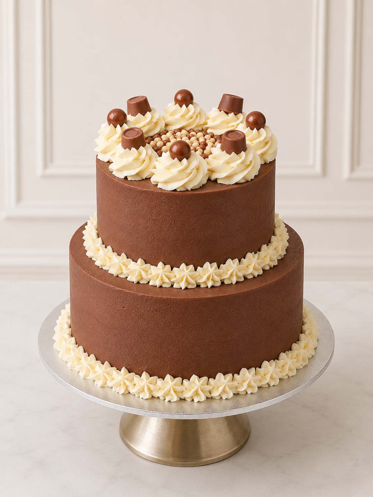 Luxury malted chocolate cake topped with Maltesers, London & Surrey.