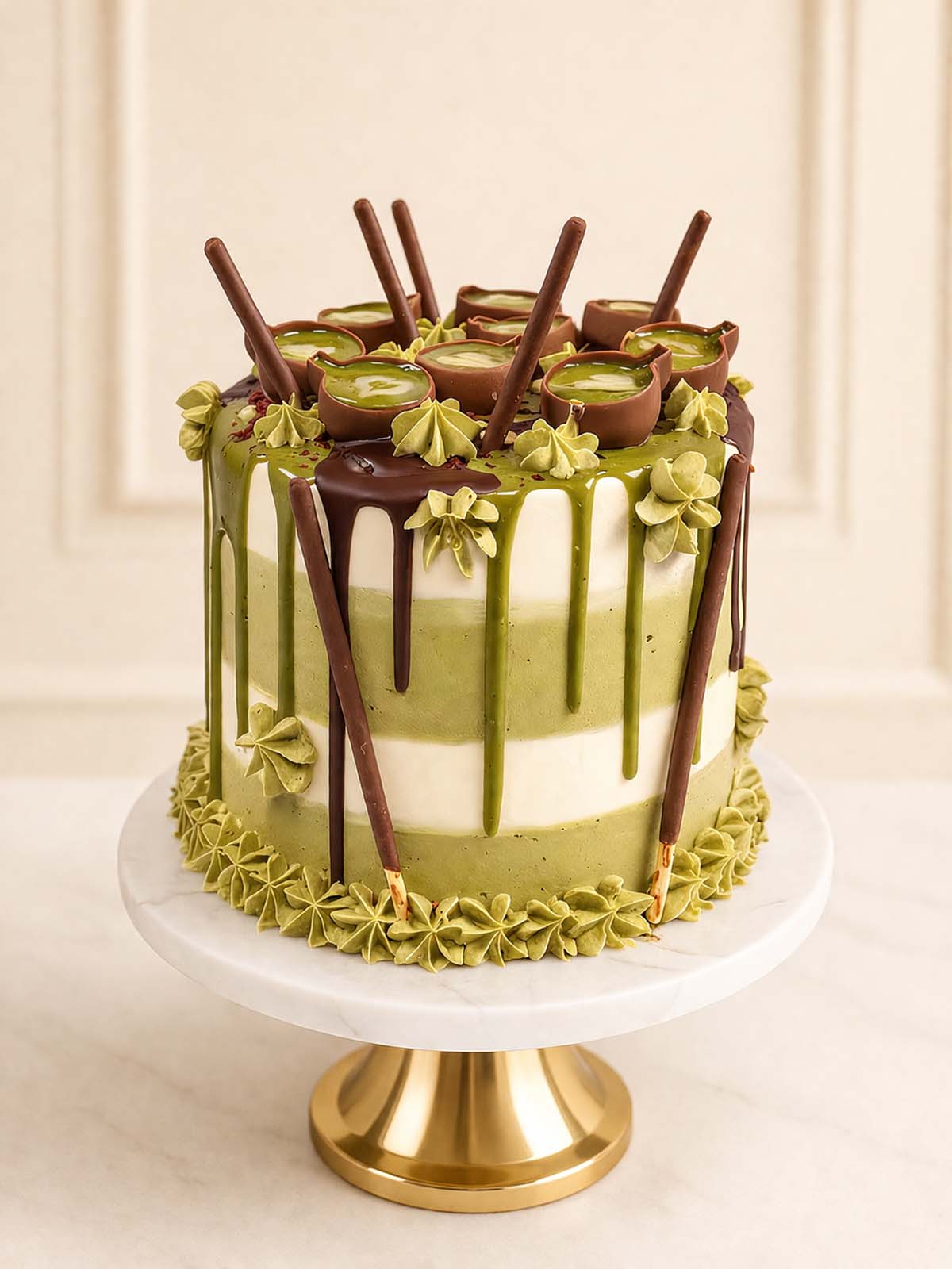 Luxury matcha red velvet cake with chocolate latte cups, London & Surrey.