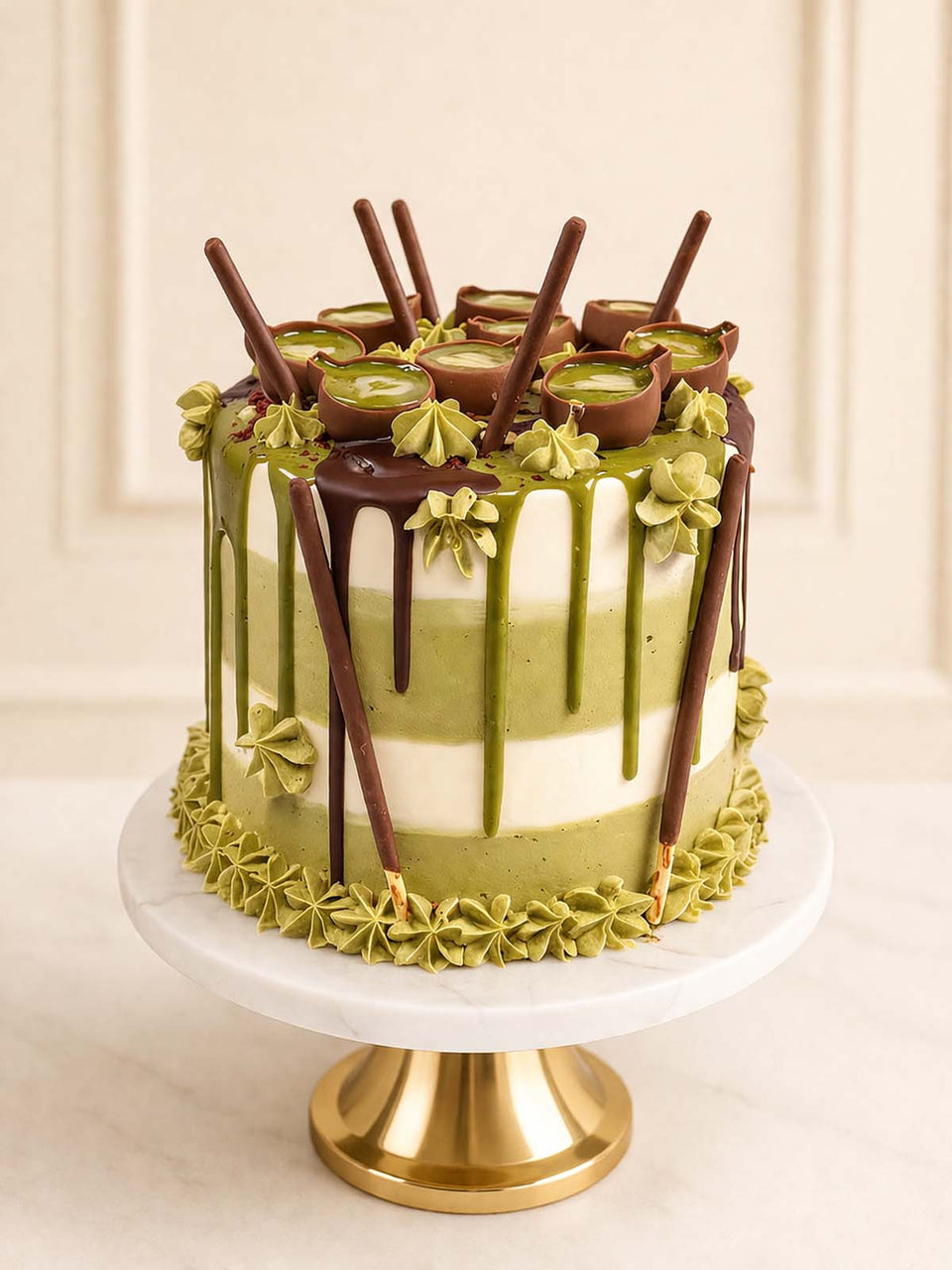 Luxury matcha red velvet cake with chocolate latte cups, London & Surrey.