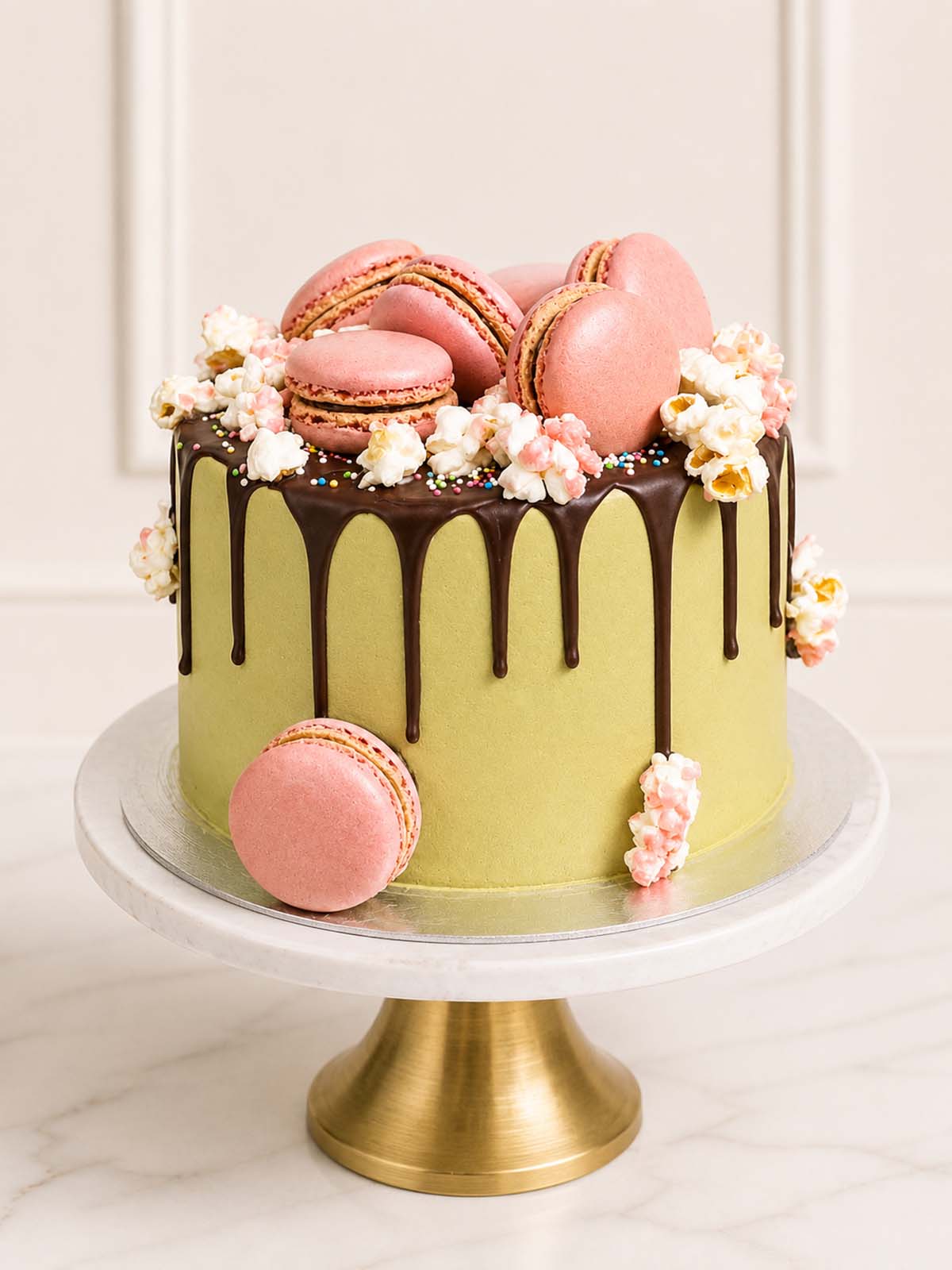 Luxury Japanese matcha and chocolate drip celebration cake, London & Surrey.