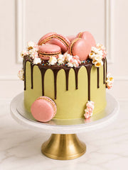 Luxury Japanese matcha and chocolate drip celebration cake, London & Surrey.