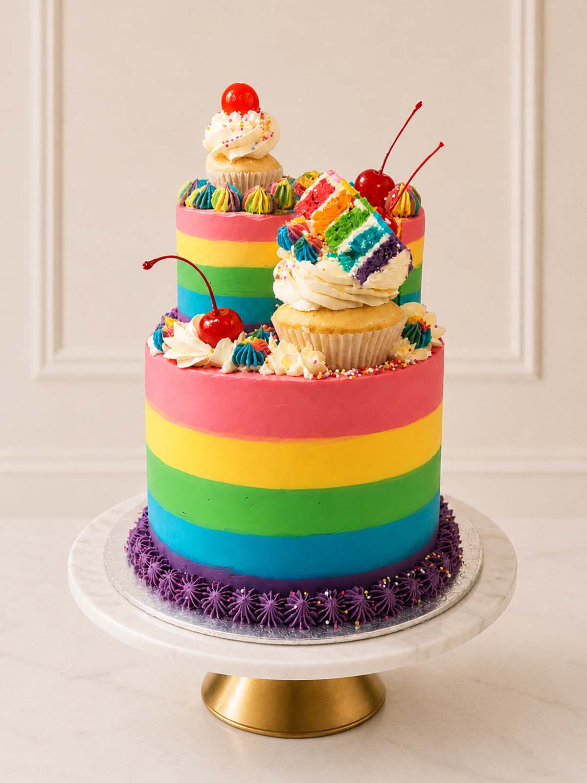 Luxury five-layer buttermilk rainbow meta cake with mini cakes, London & Surrey.