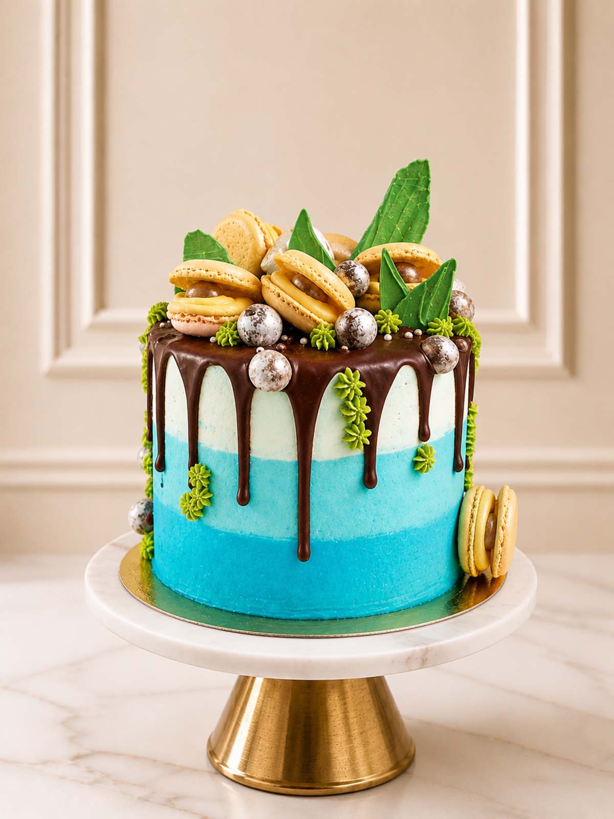 Luxury mermaid vanilla cake with macaron clam shells and pearls, London and Surrey.