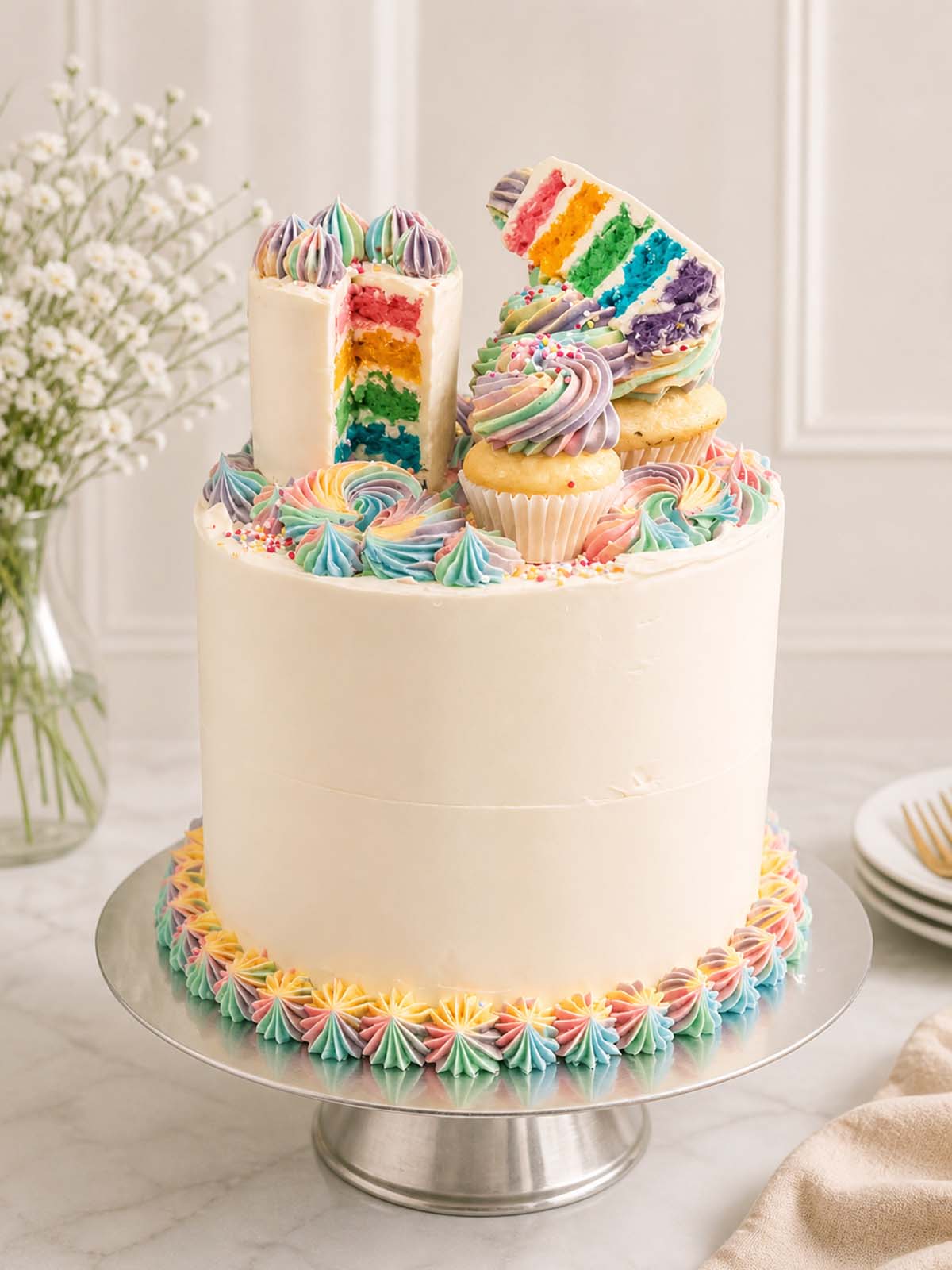 Luxury five-layer rainbow meta cake with mini cupcakes, London & Surrey.
