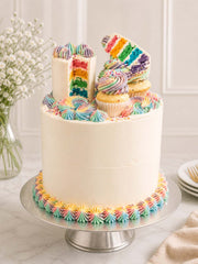 Luxury five-layer rainbow meta cake with mini cupcakes, London & Surrey.