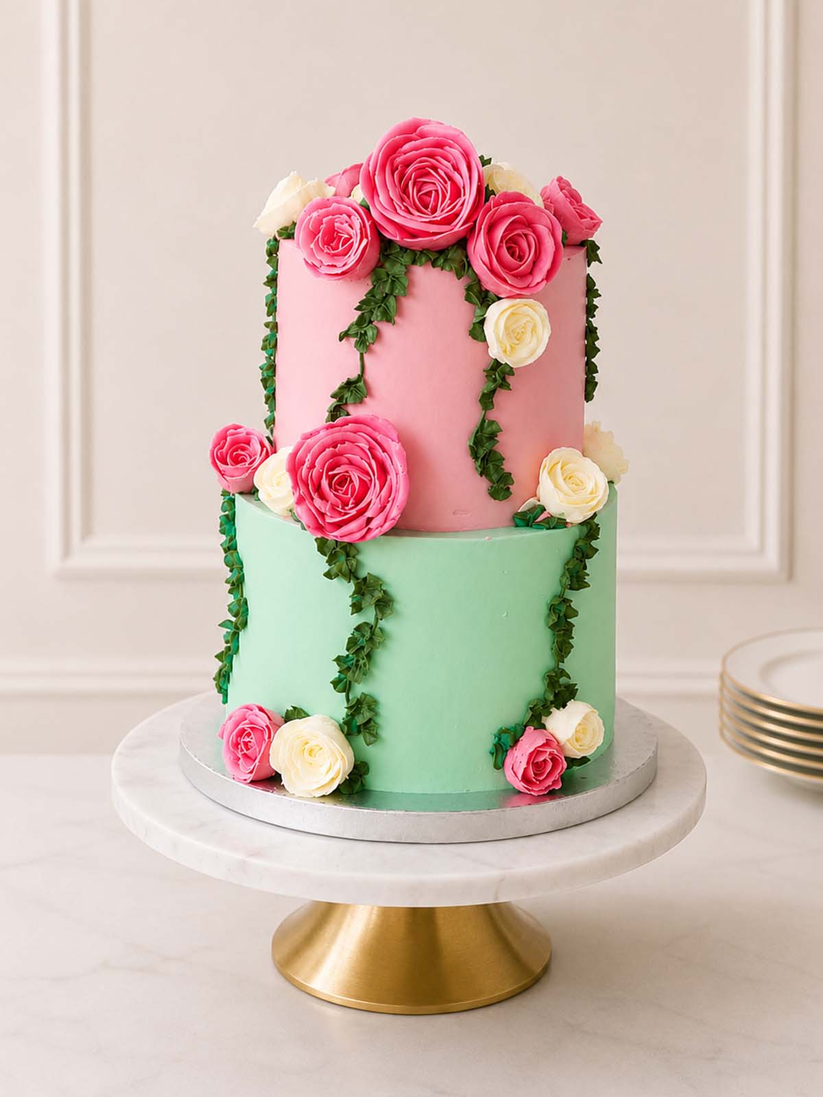 Luxury midsummer pastel pink hand-piped rose cake, London & Surrey.