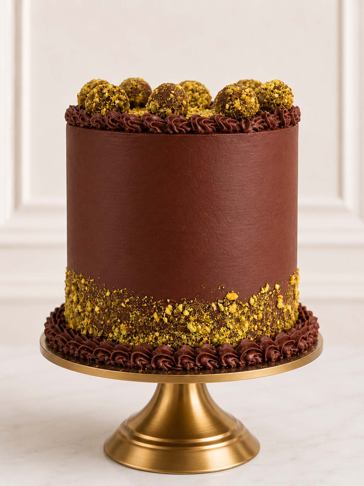 Luxury six-layer chocolate pistachio cake with cake pop truffles, London & Surrey.