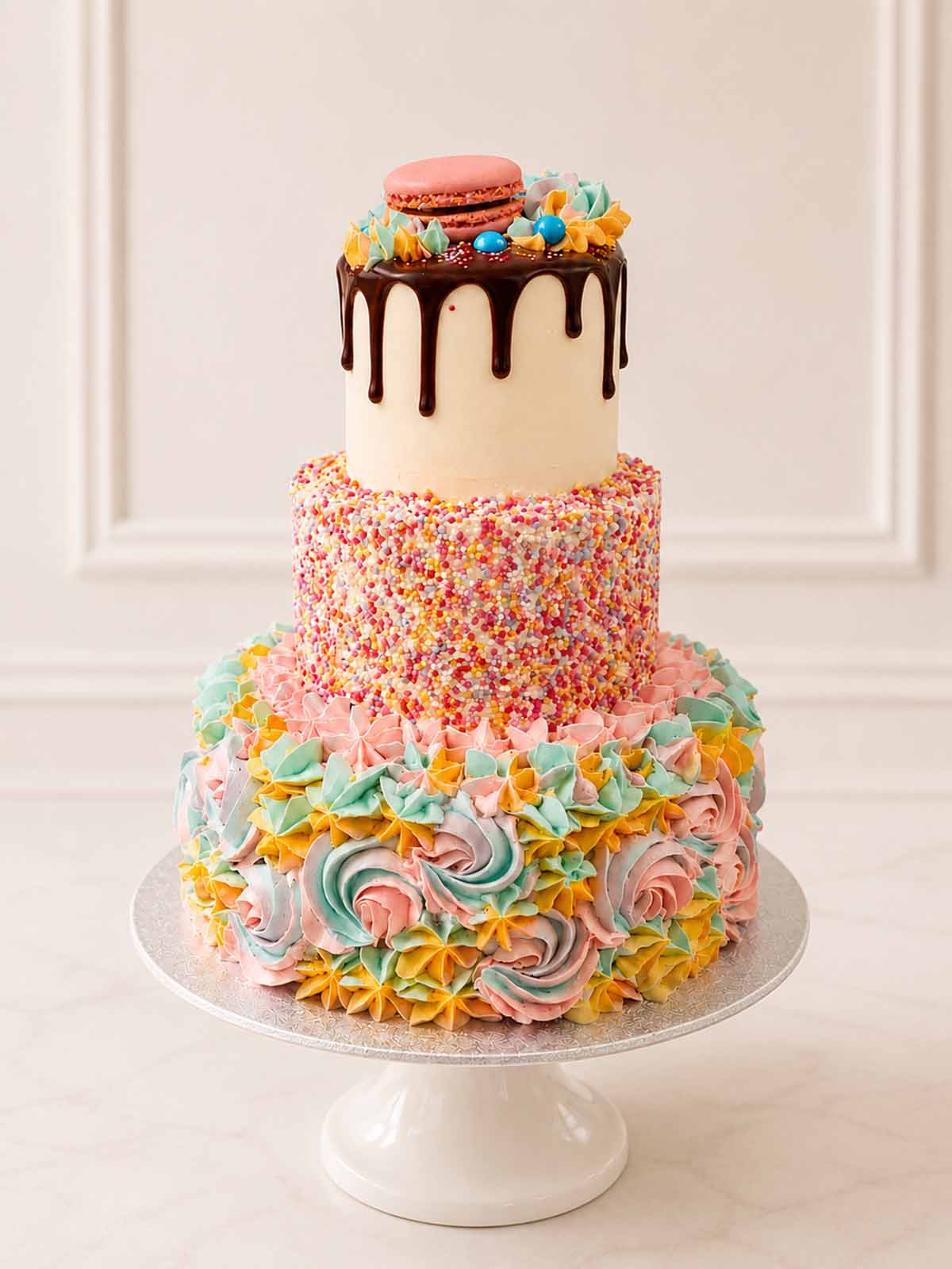 Luxury miniature three-tier confetti cake with pink macaron, London & Surrey.
