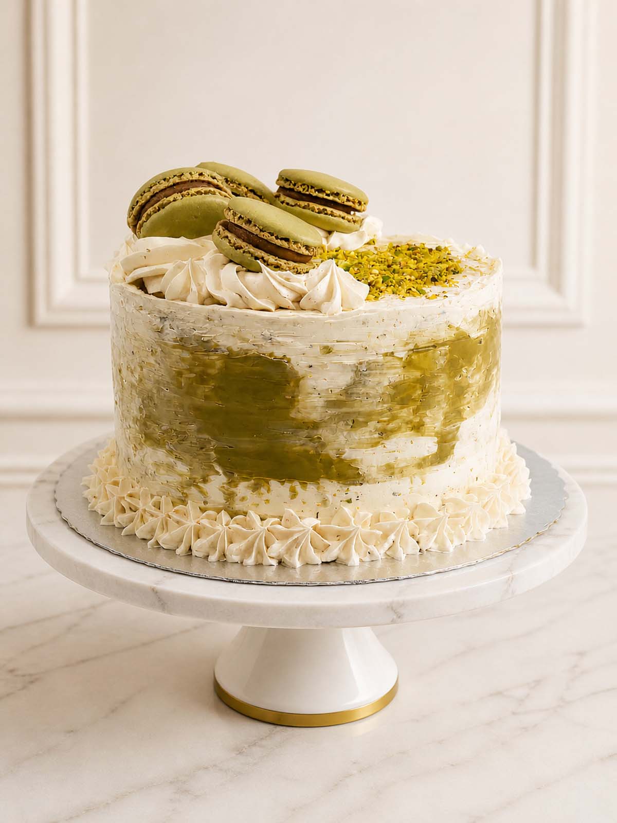 A sophisticated orange and pistachio celebration cake decorated with pistachio macarons, crushed nuts, and swirls of flecked pistachio Swiss meringue buttercream, delivered in London.