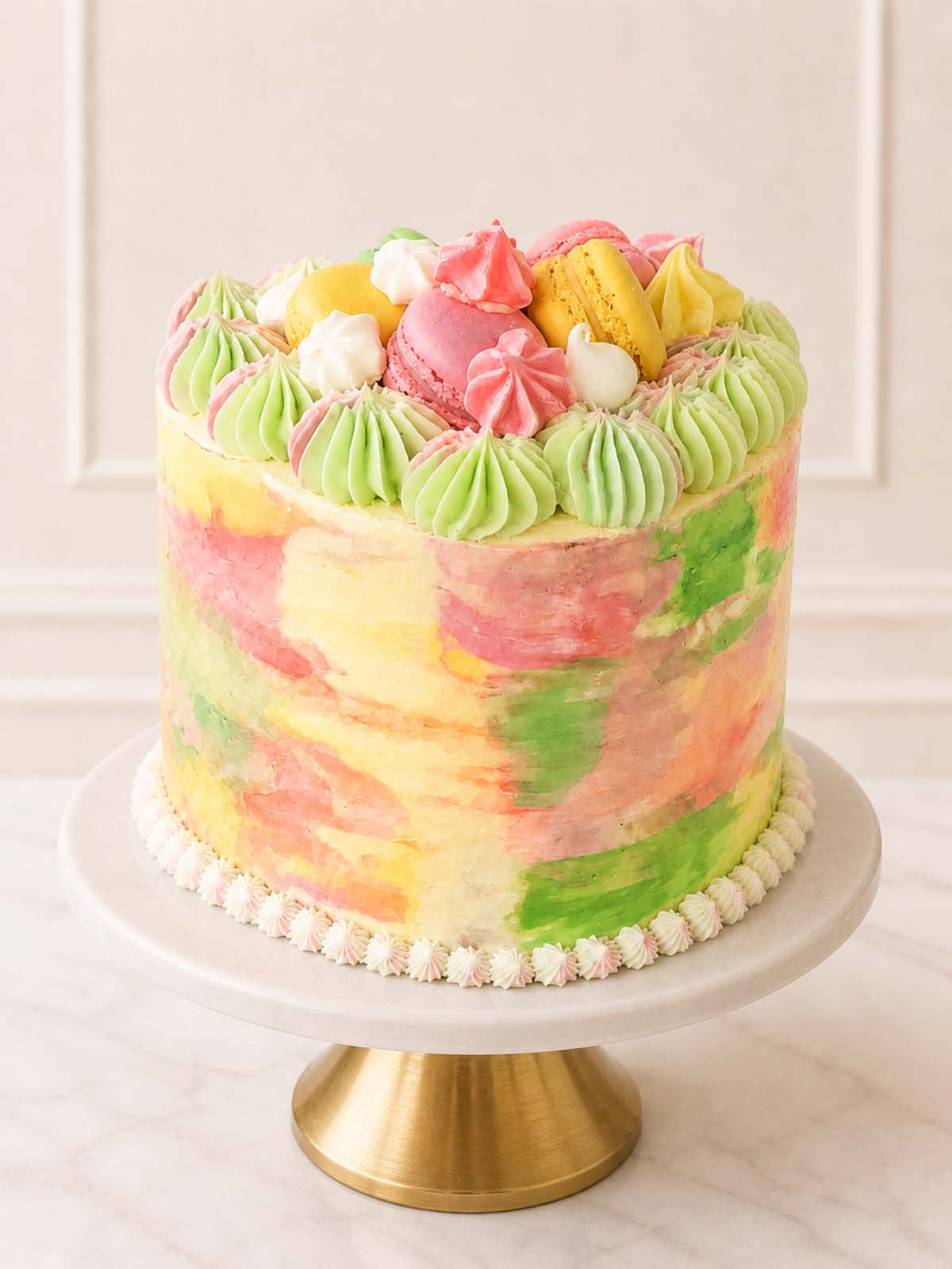 Luxury Parisian vanilla cake with watercolour buttercream and macarons, London and Surrey.
