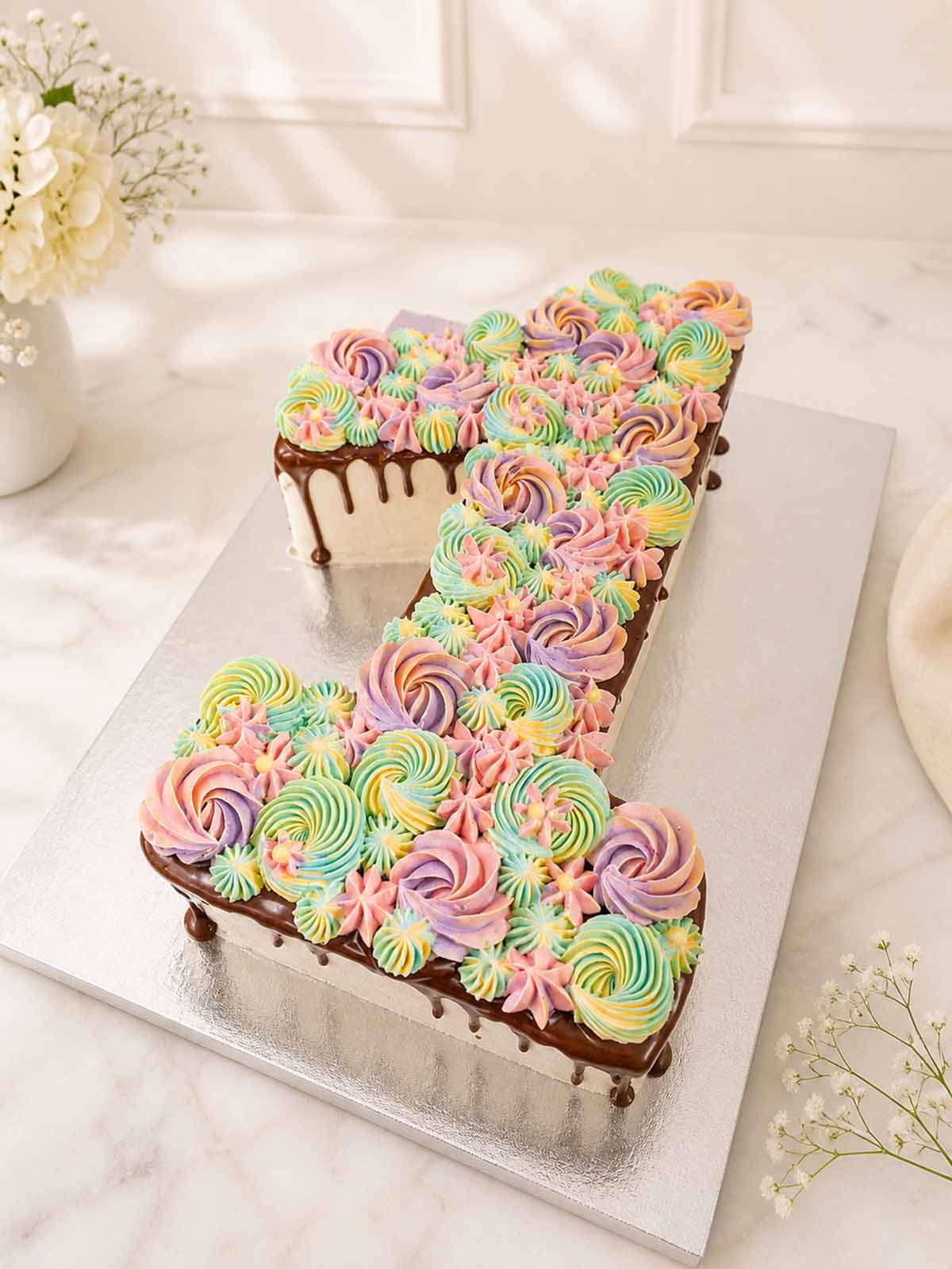 Luxury pastel hand-piped floral number cake, London & Surrey.