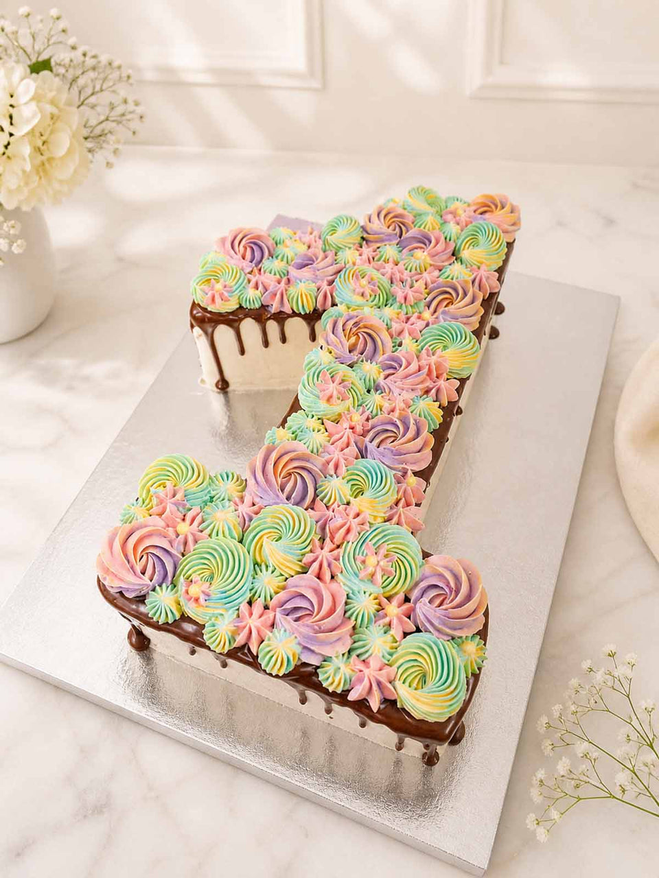 Luxury pastel hand-piped floral number cake, London & Surrey.