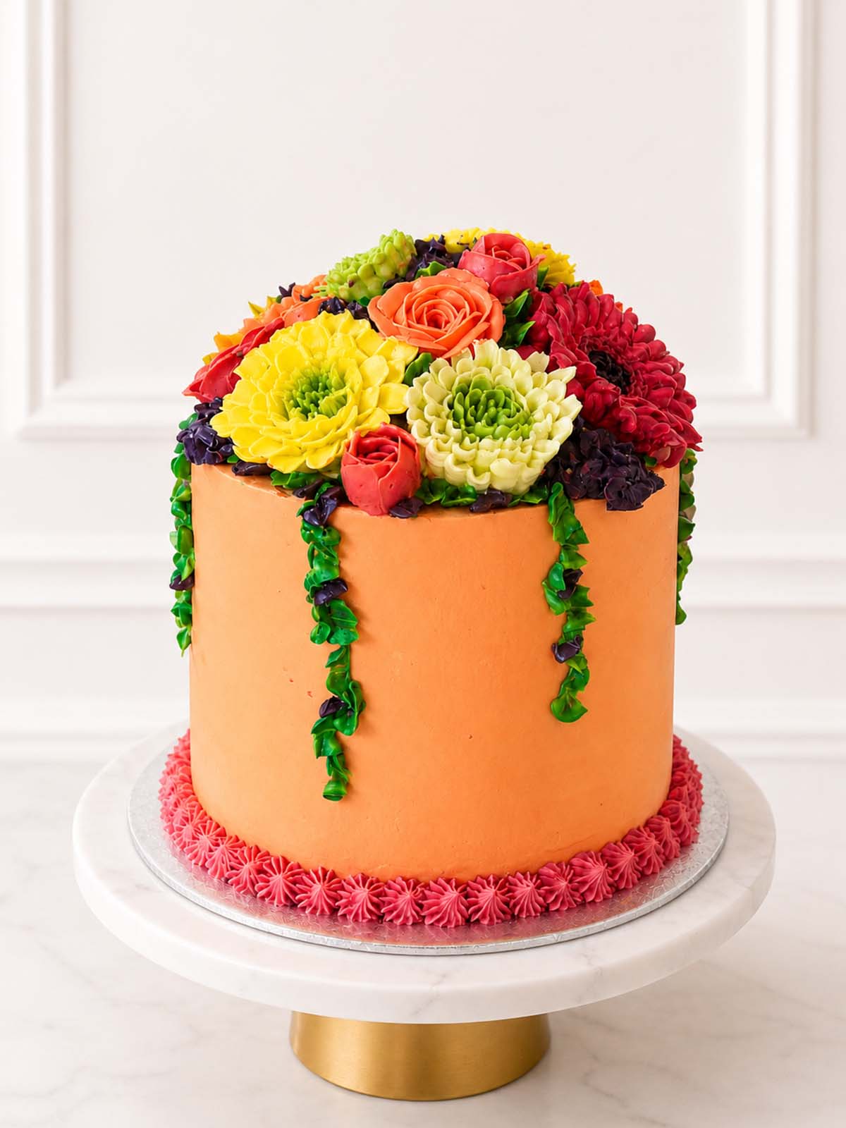 Bright Buttercream Bloom Cake with hand-piped buttercream flowers