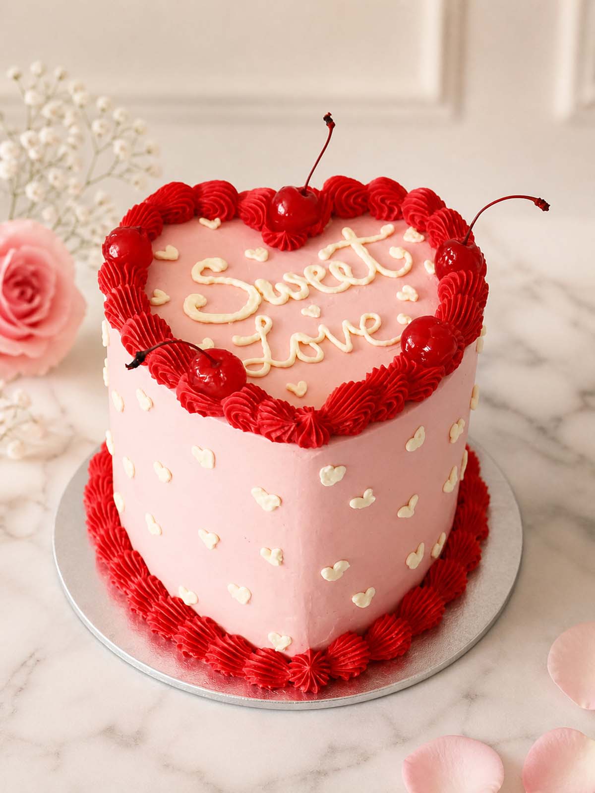 Luxury pink heart-shaped Sweet Love piped vanilla cake, London & Surrey.