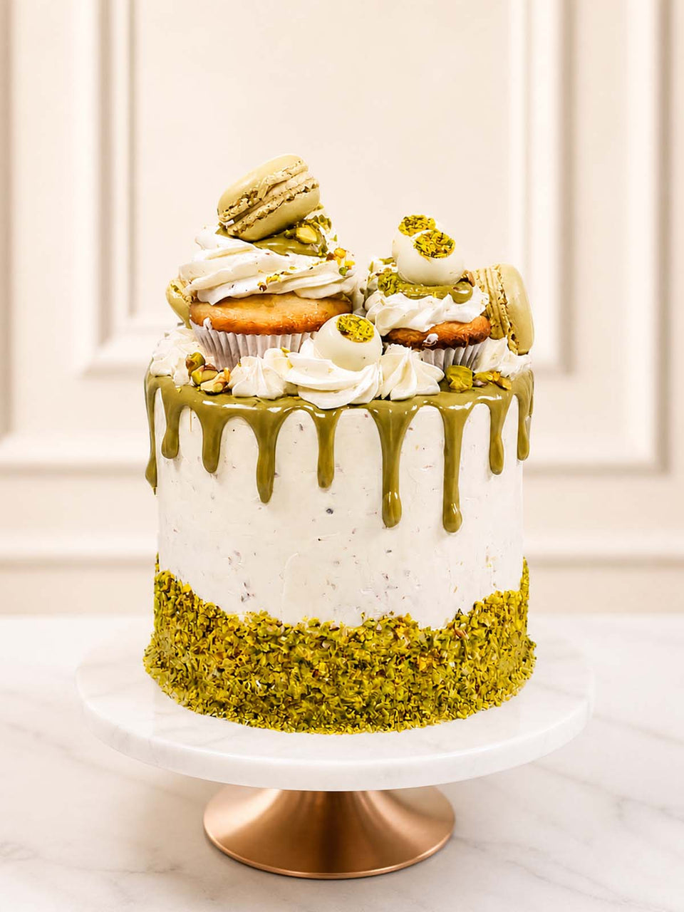 Luxury pistachio deluxe cake with macarons and truffles, London & Surrey.