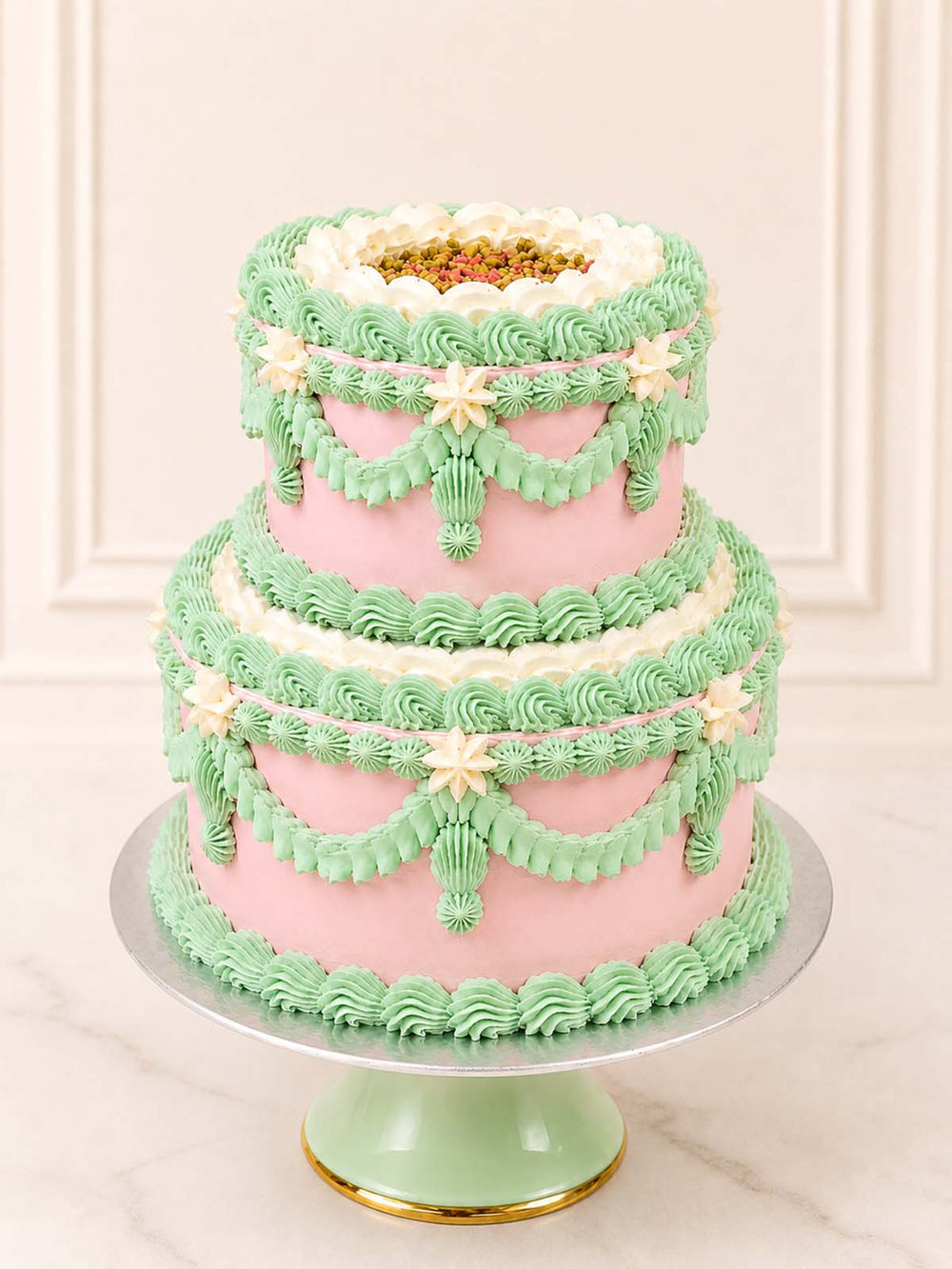 Pistachio Raspberry Vintage Cake delivered in Mayfair