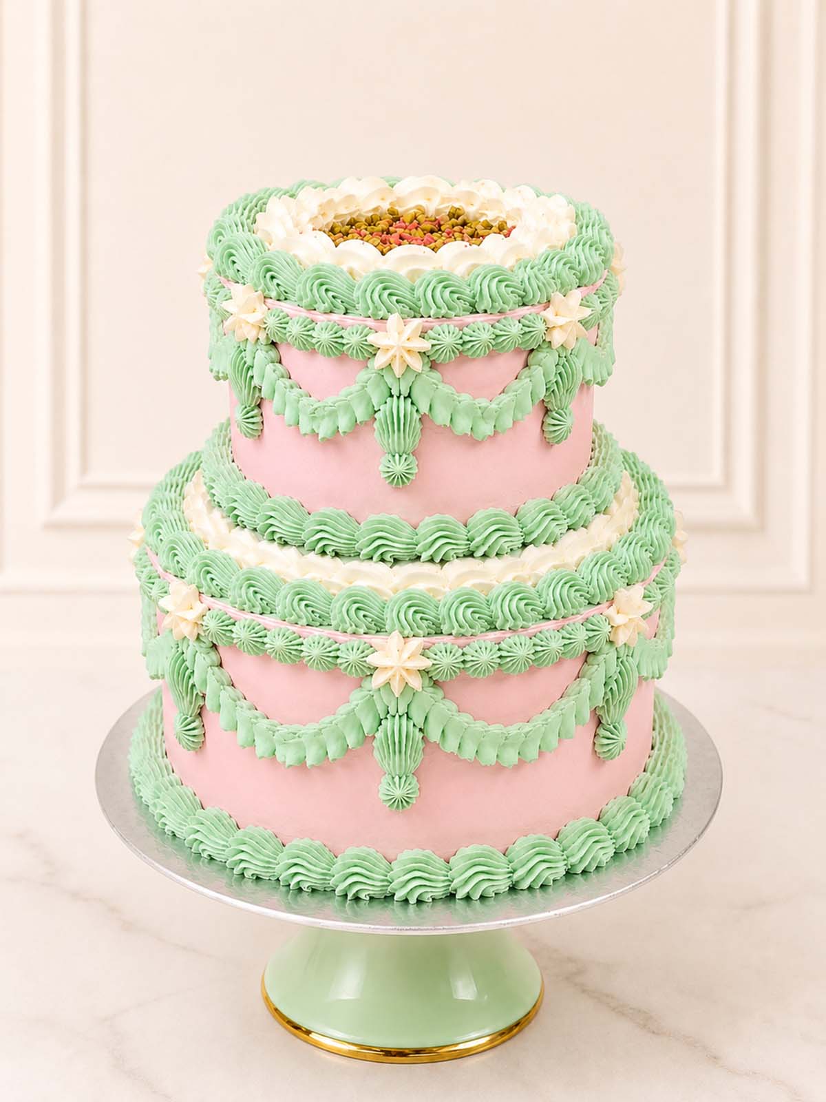 Luxury pistachio and raspberry cake with pink and green vintage piping, London & Surrey.