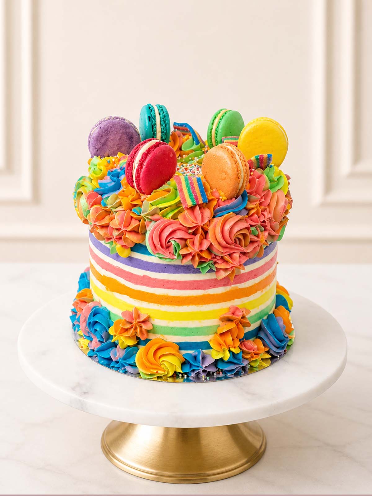 Luxury five-layer rainbow fault line cake with macarons, London & Surrey.