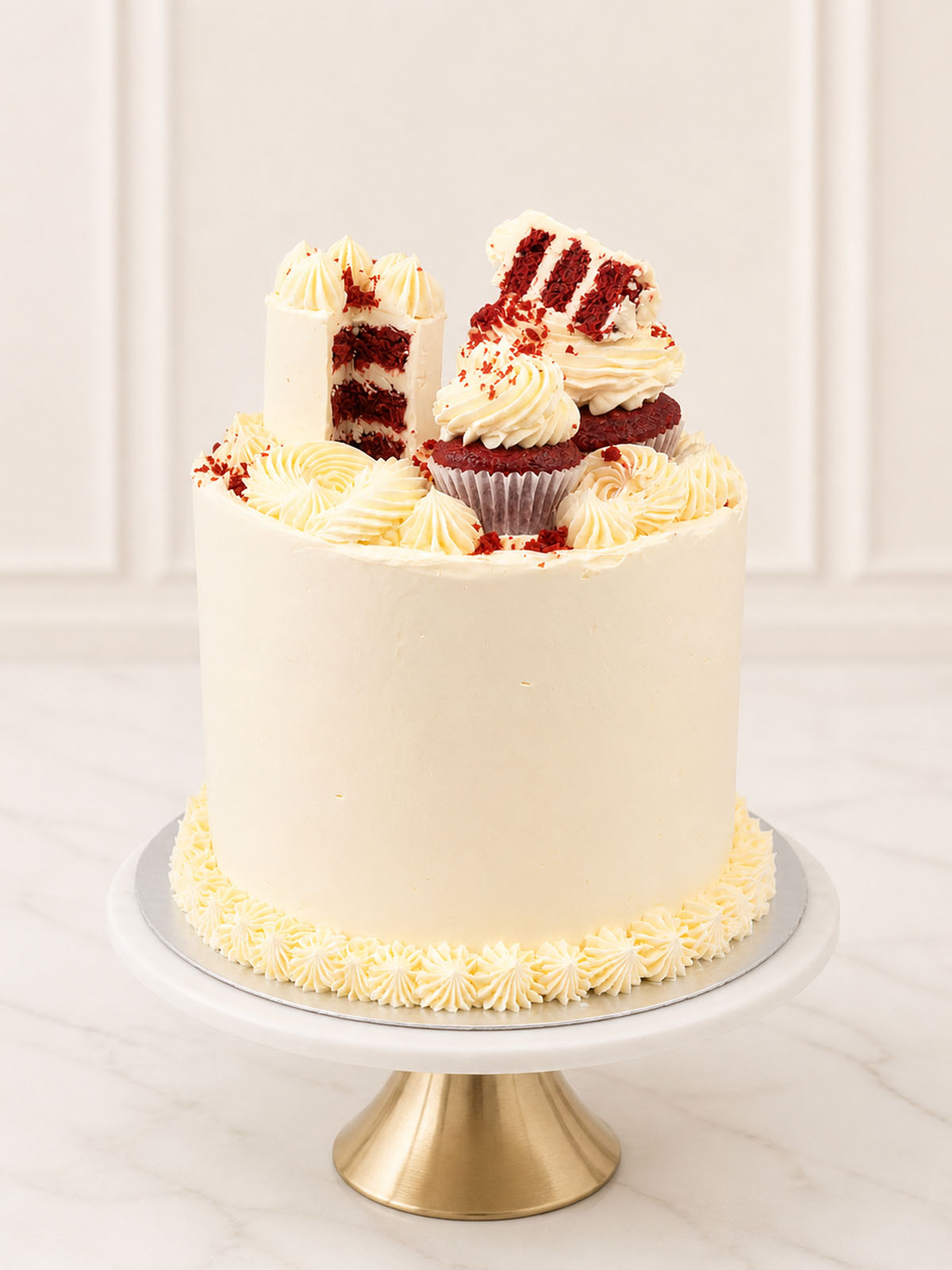 Luxury red velvet cream cheese cake with mini cakes, London & Surrey.