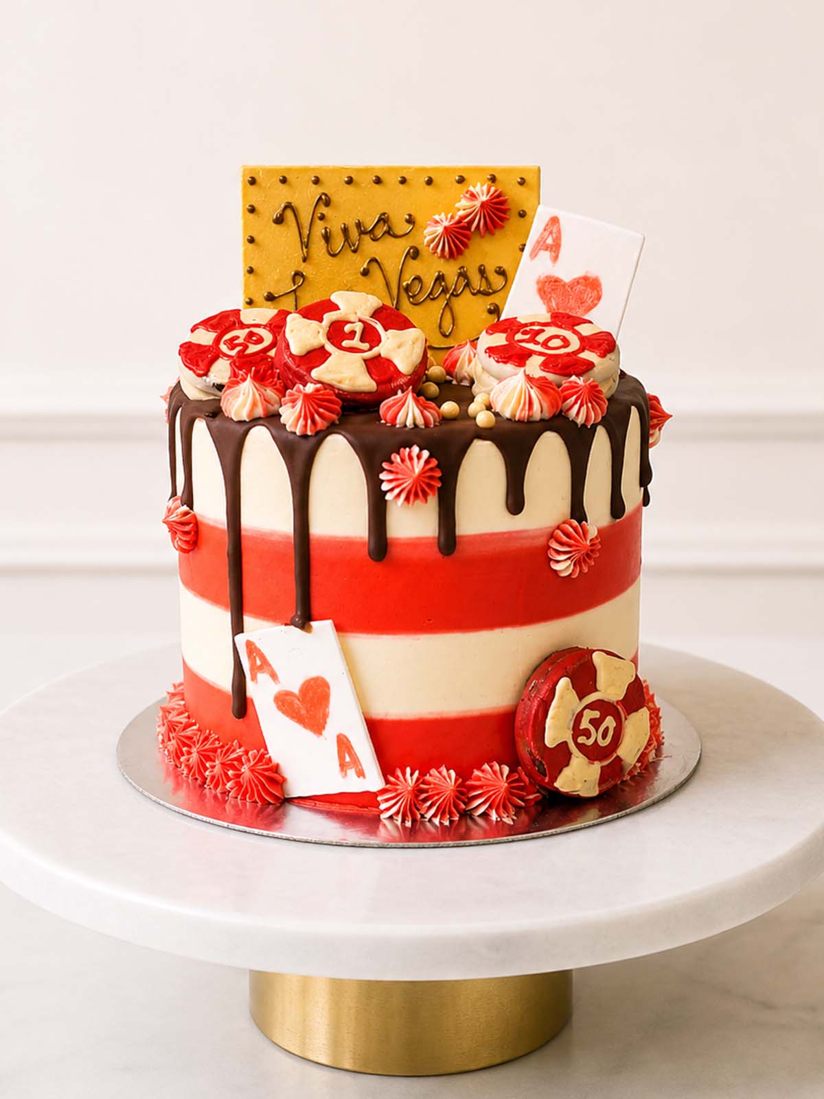 Luxury Las Vegas casino themed red velvet cake with poker chips, London & Surrey.