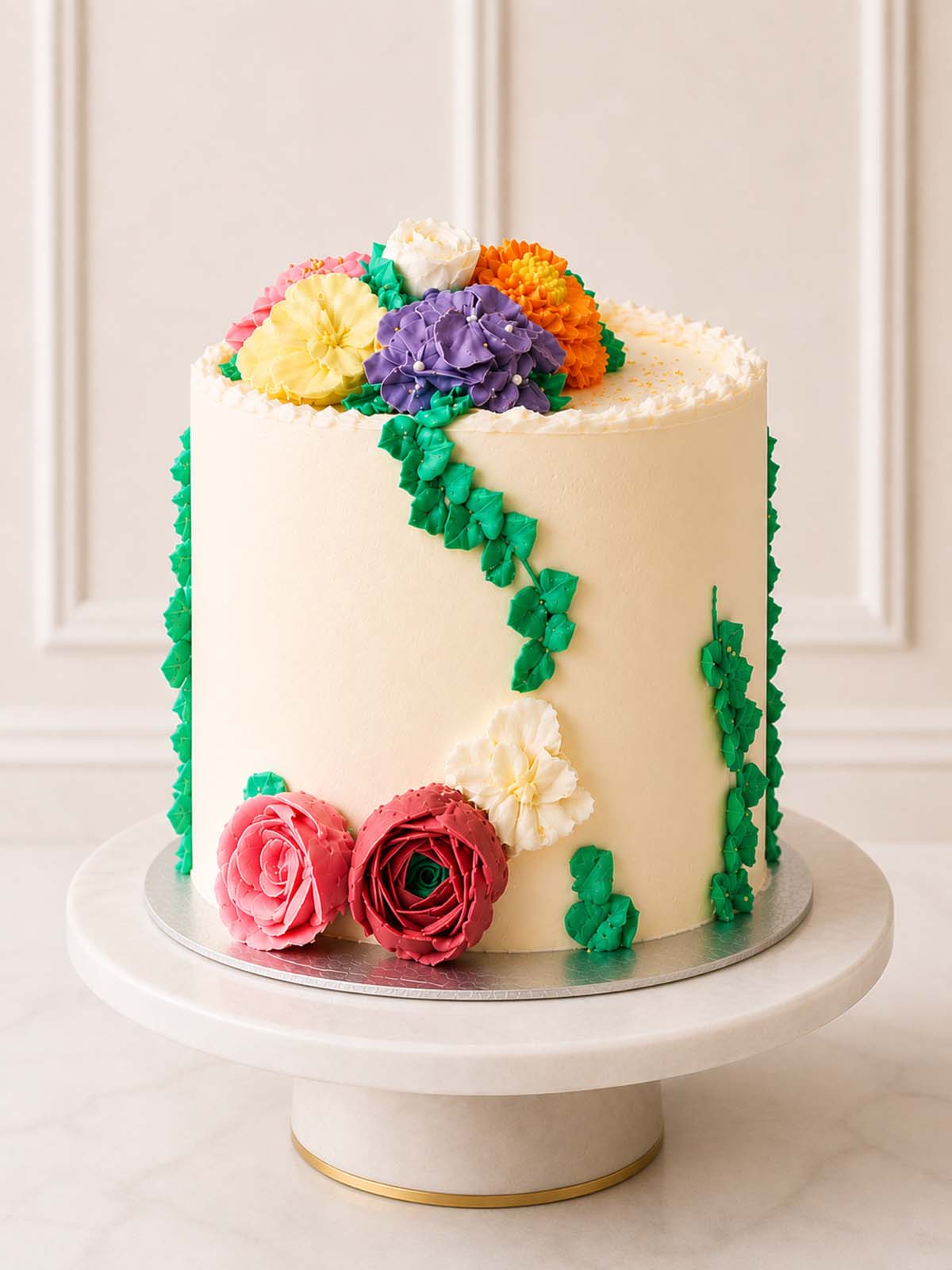 Luxury salted caramel vanilla cake with hand-piped flowers, London & Surrey.