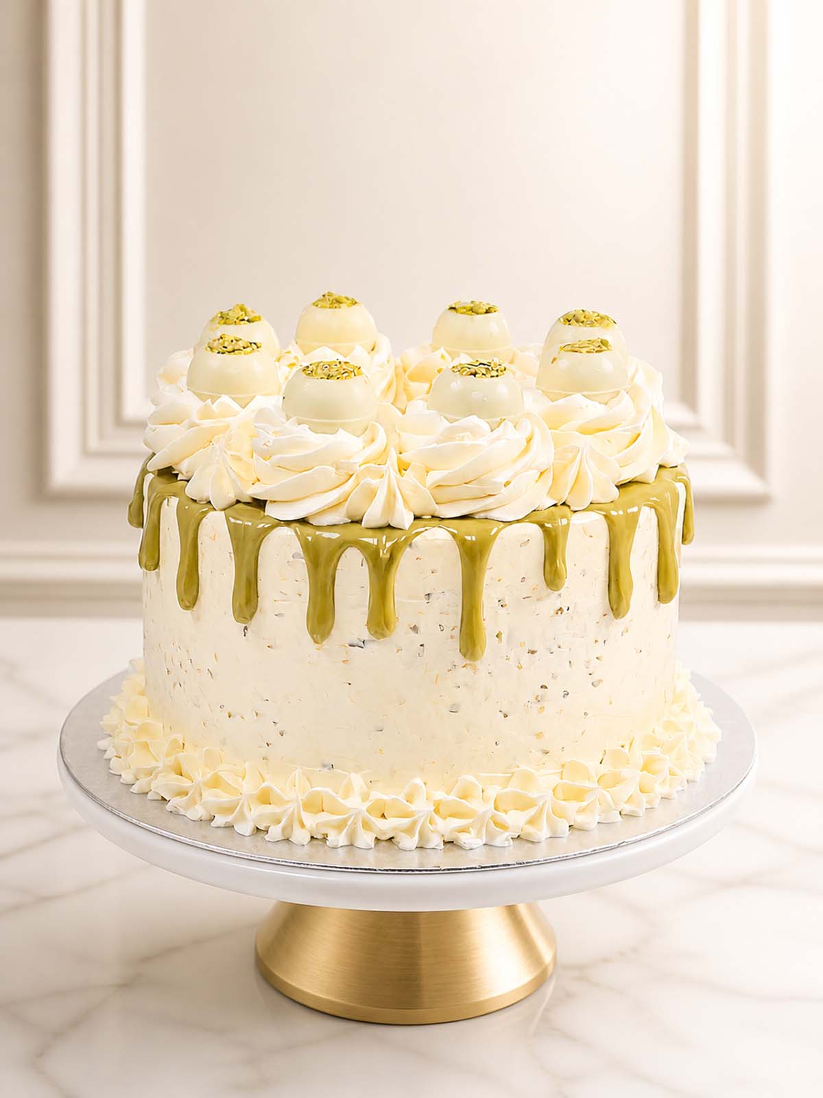 An indulgent, luxury celebration cake for pistachio lovers, featuring two layers of fluffy pistachio sponge, speckled pistachio Swiss meringue buttercream, and a rich Sicilian crema al pistacchio drip. Crowned with crushed nuts and white chocolate pistachio truffles. Delivered across London and Surrey.