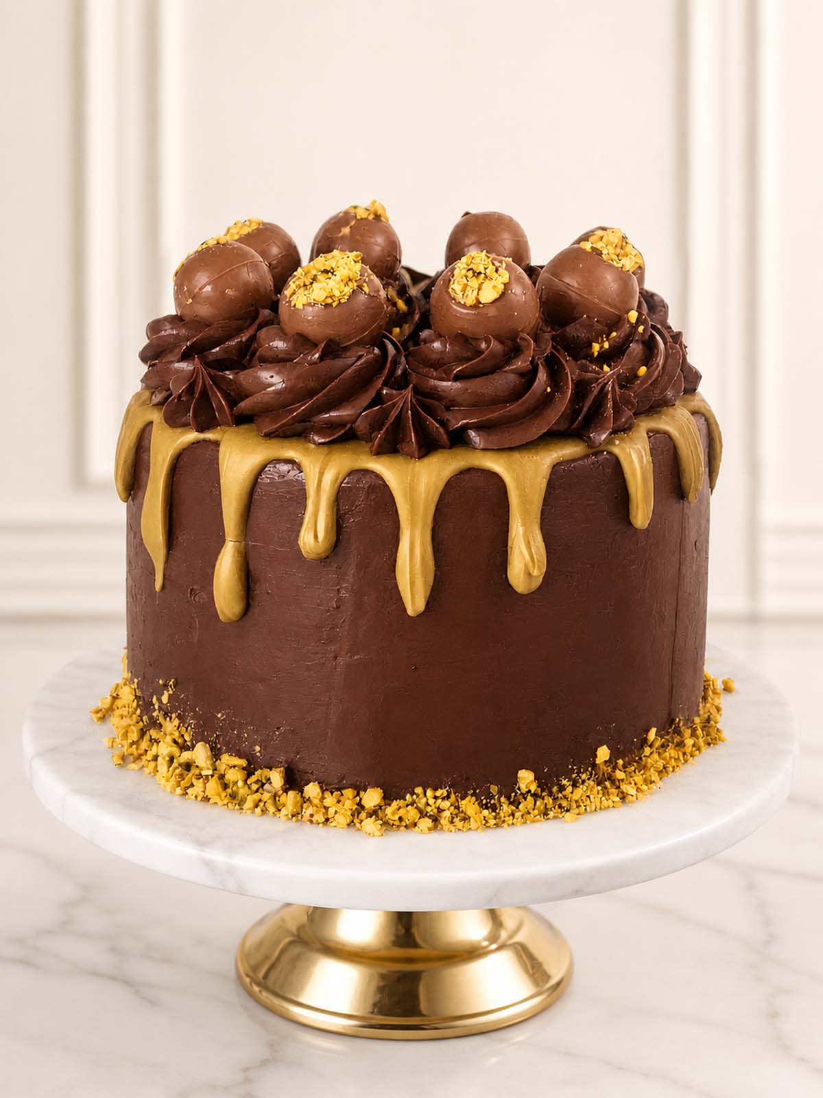 A rich, gourmet celebration cake featuring fluffy pistachio sponge, smooth chocolate Swiss meringue buttercream, and a glossy pistachio crème drip. Crowned with crushed pistachios and decadent pistachio cream-filled chocolate truffles. Delivered across London and Surrey.