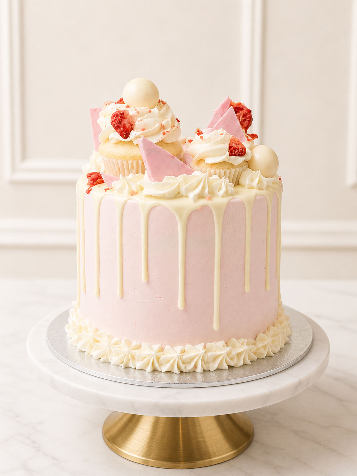 Luxury strawberries and cream cake with Lindt truffles, London and Surrey.