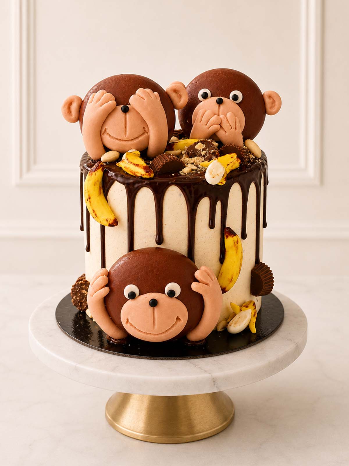 Luxury three wise monkeys Nutella and peanut butter cake, London & Surrey.
