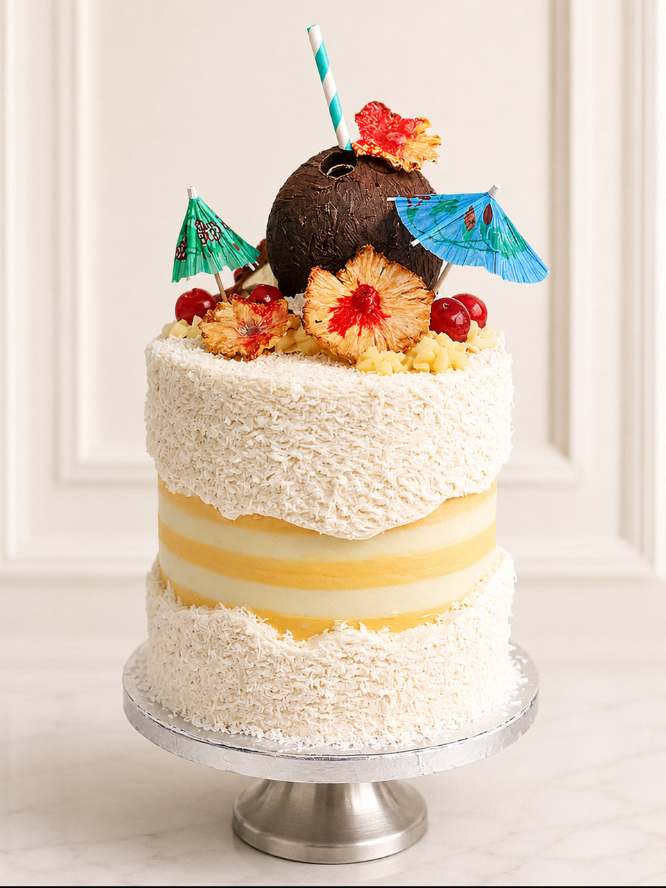 Luxury tropical pineapple and coconut fault line cake, London & Surrey.