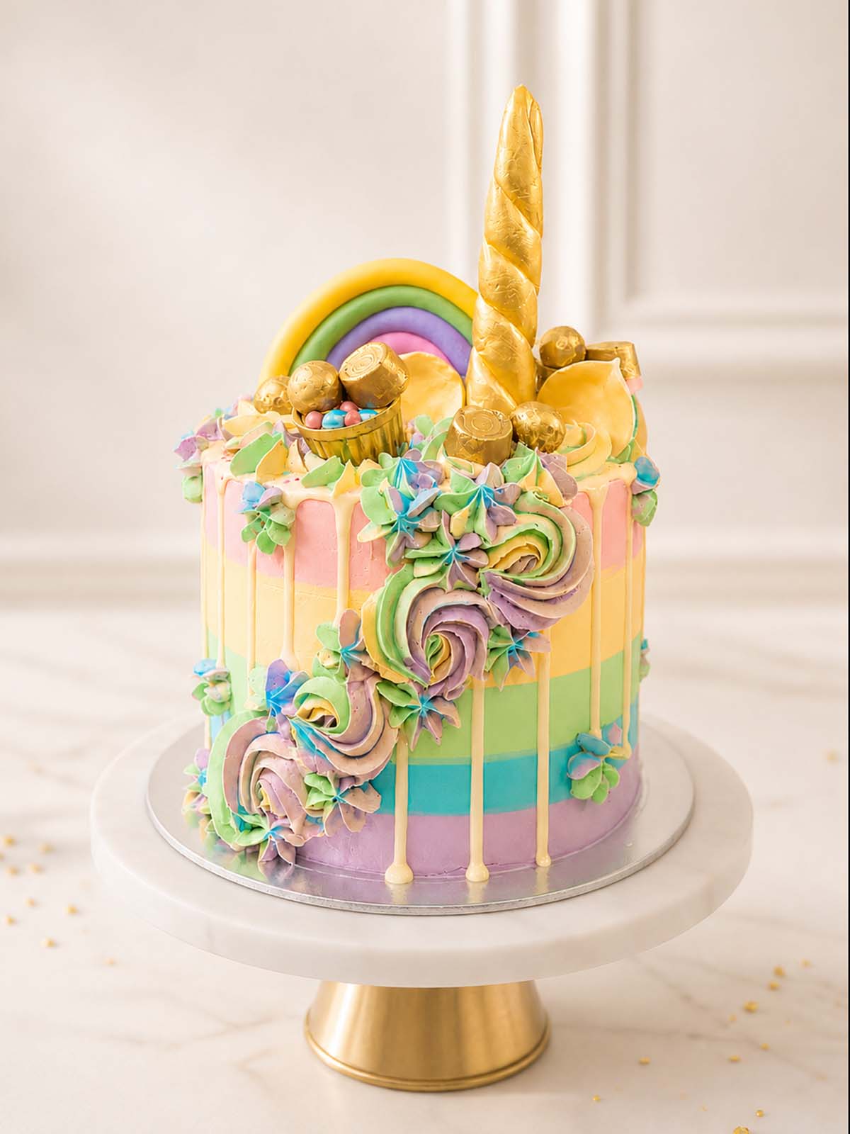 Luxury unicorn and pastel rainbow cake with popcorn clouds, London & Surrey.