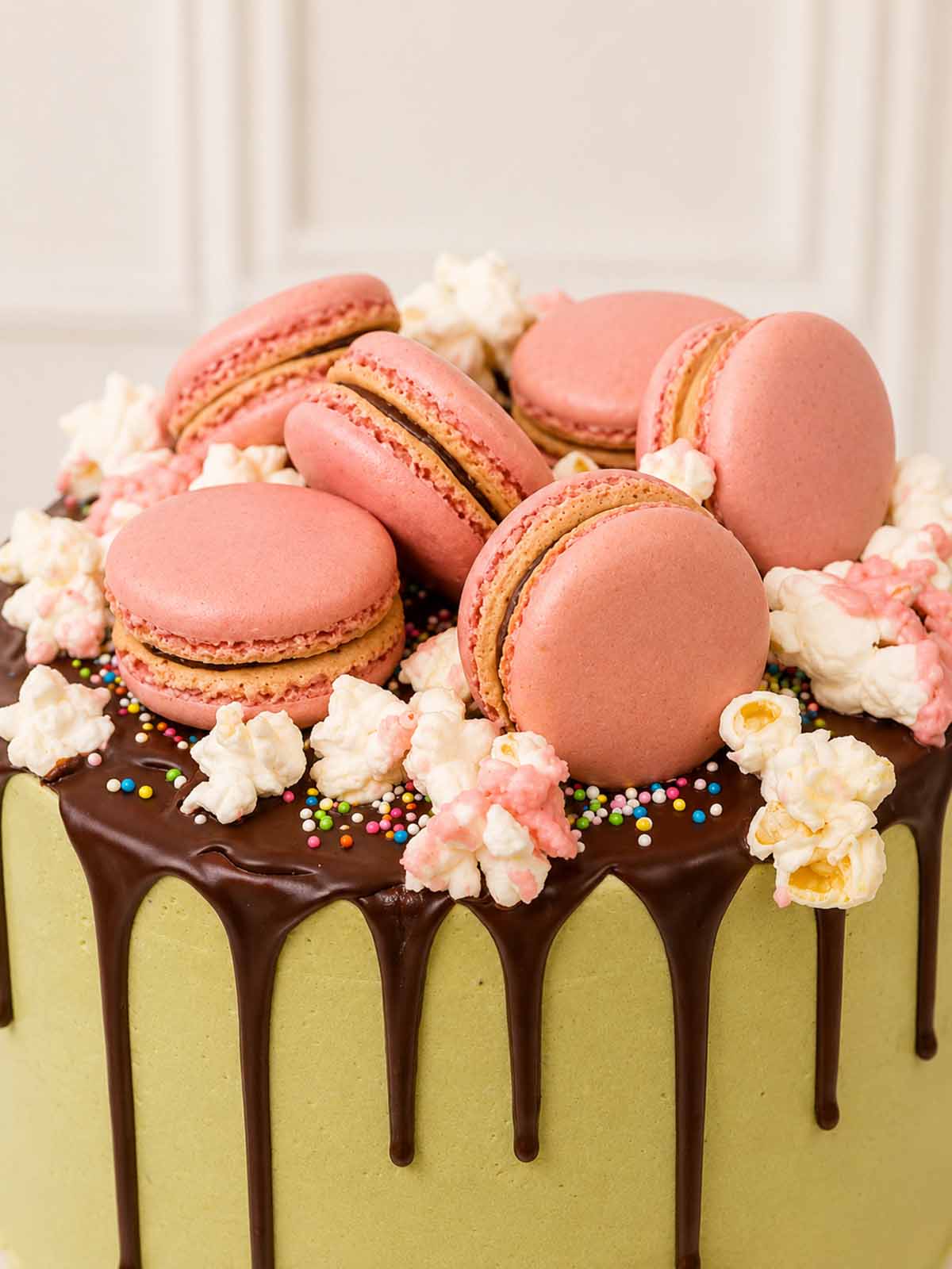 Luxury Valrhona chocolate and matcha cake with pink salted popcorn, London & Surrey.