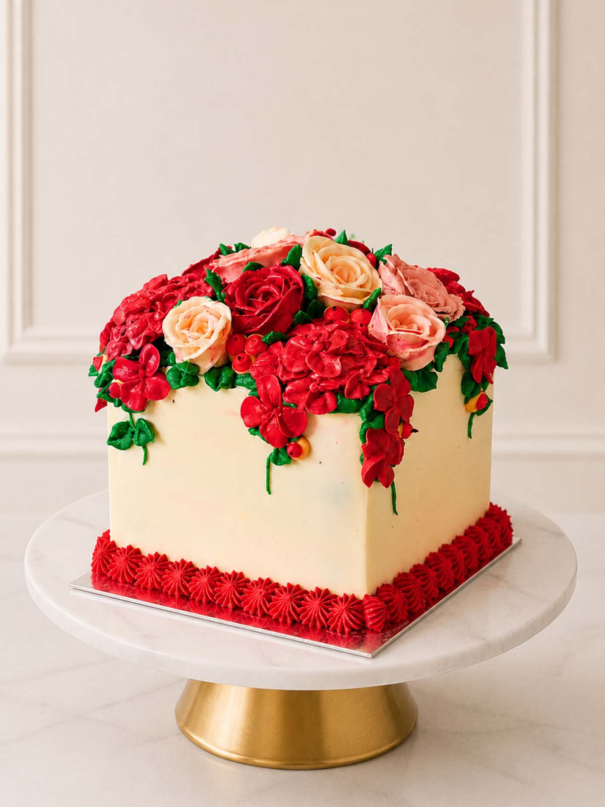 Luxury vanilla cube cake with hand-piped pink and peach buttercream flowers, London & Surrey.