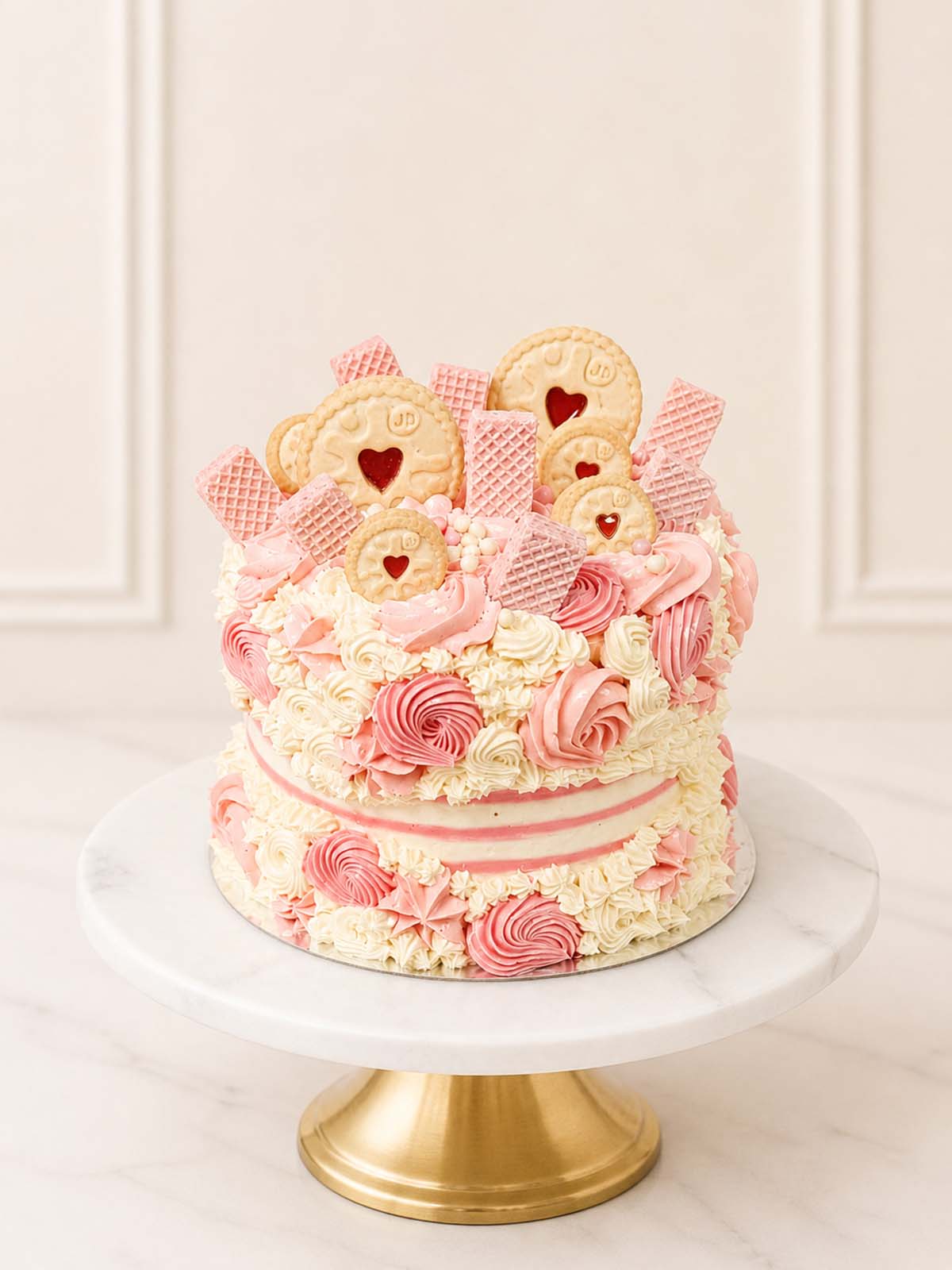 Luxury vanilla pink fault line cake with Jammie Dodgers, London & Surrey.