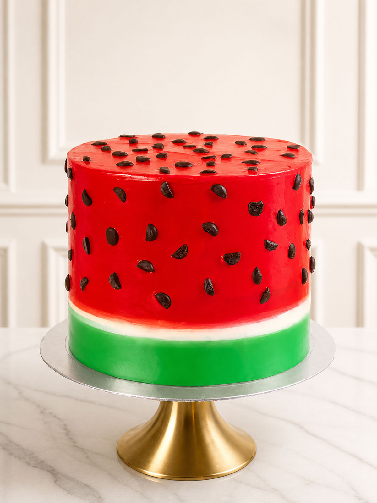 Luxury watermelon red velvet cake with chocolate chips, London & Surrey.