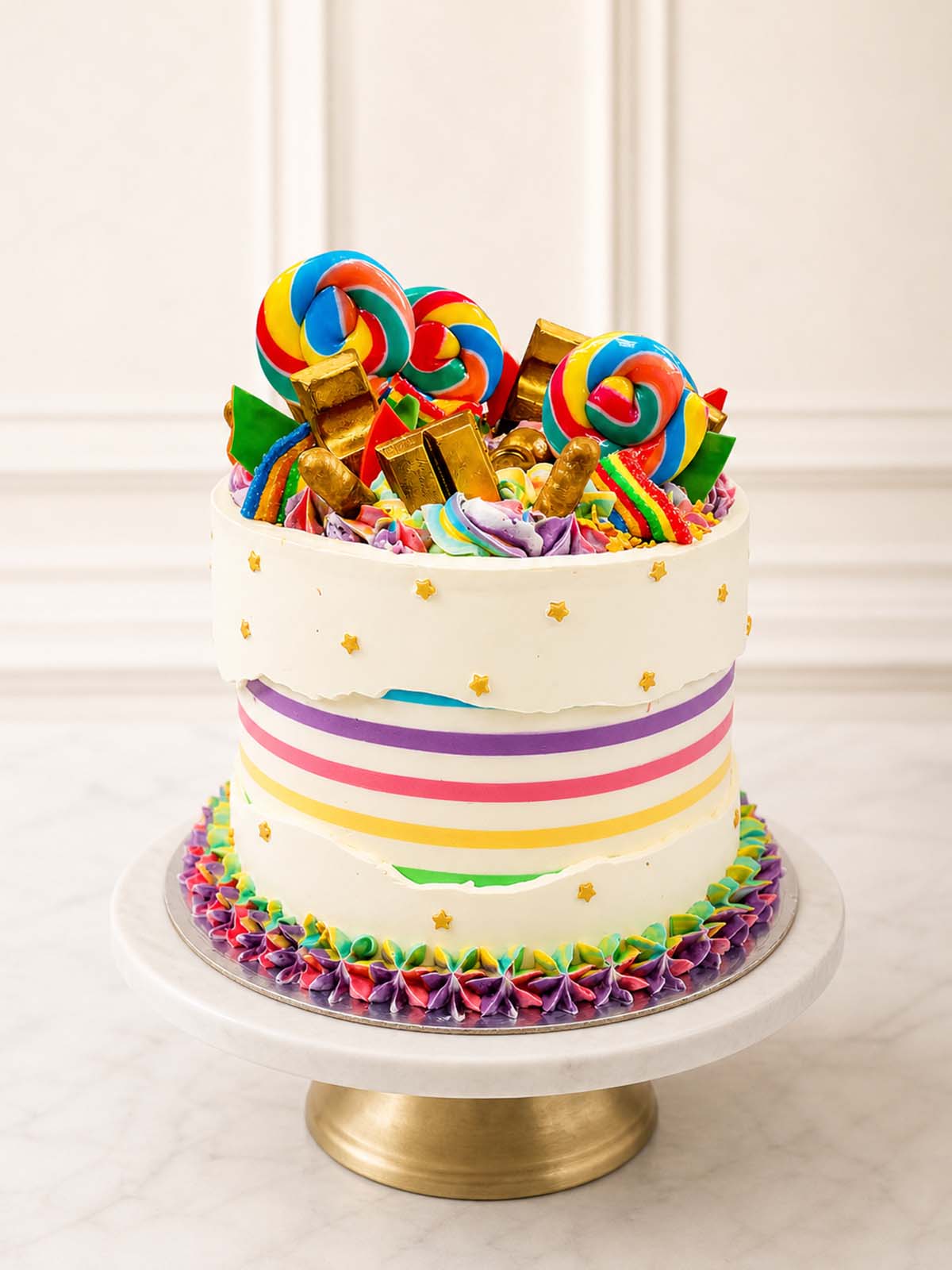 Luxury Willy Wonka rainbow fault line cake with candy lollipops, London & Surrey.