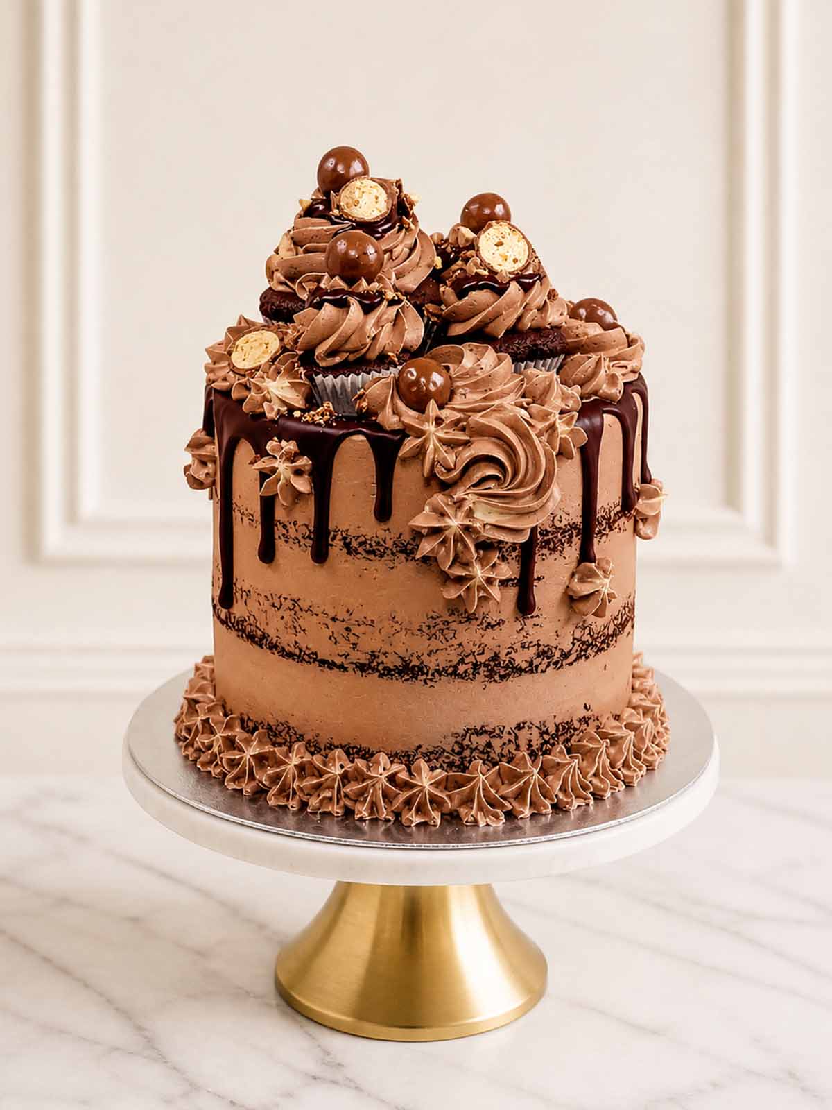 A fun, malted milkshake-inspired celebration cake featuring three layers of chocolate sponge, semi-naked malt-chocolate Swiss meringue buttercream, and a glossy Belgian chocolate drip. Topped with crushed Maltesers and milkshake-style cupcakes. Delivered in London and Surrey.