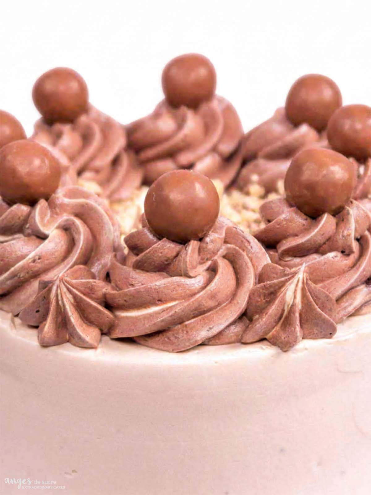 Malteser birthday cake showing  close up of the decorations, delivered in London