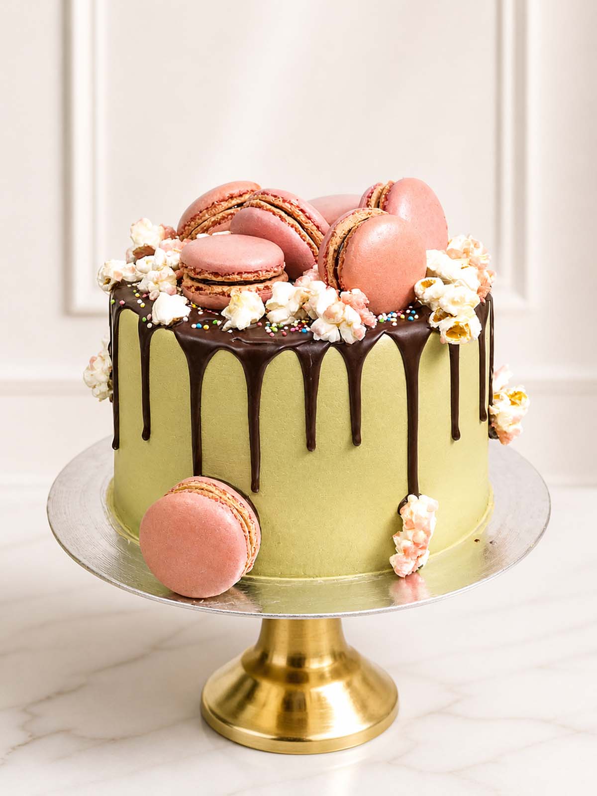 A sophisticated spring-inspired cake featuring earthy matcha green tea Swiss meringue buttercream over rich chocolate sponge. Finished with a chocolate drip and "cherry blossom" pink sea-salted candied popcorn and macarons. Delivered in Richmond and London