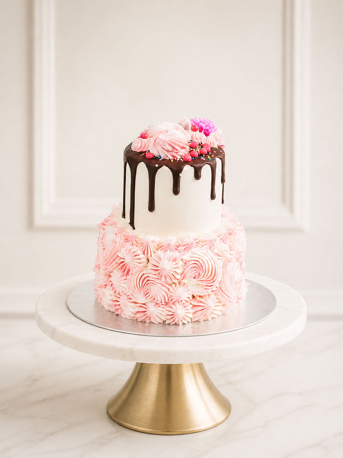 A mini two-tier Madagascan vanilla cake decorated with a Valrhona chocolate drip, pink and ivory hand-piped buttercream, and a delicate meringue kiss, delivered in London.