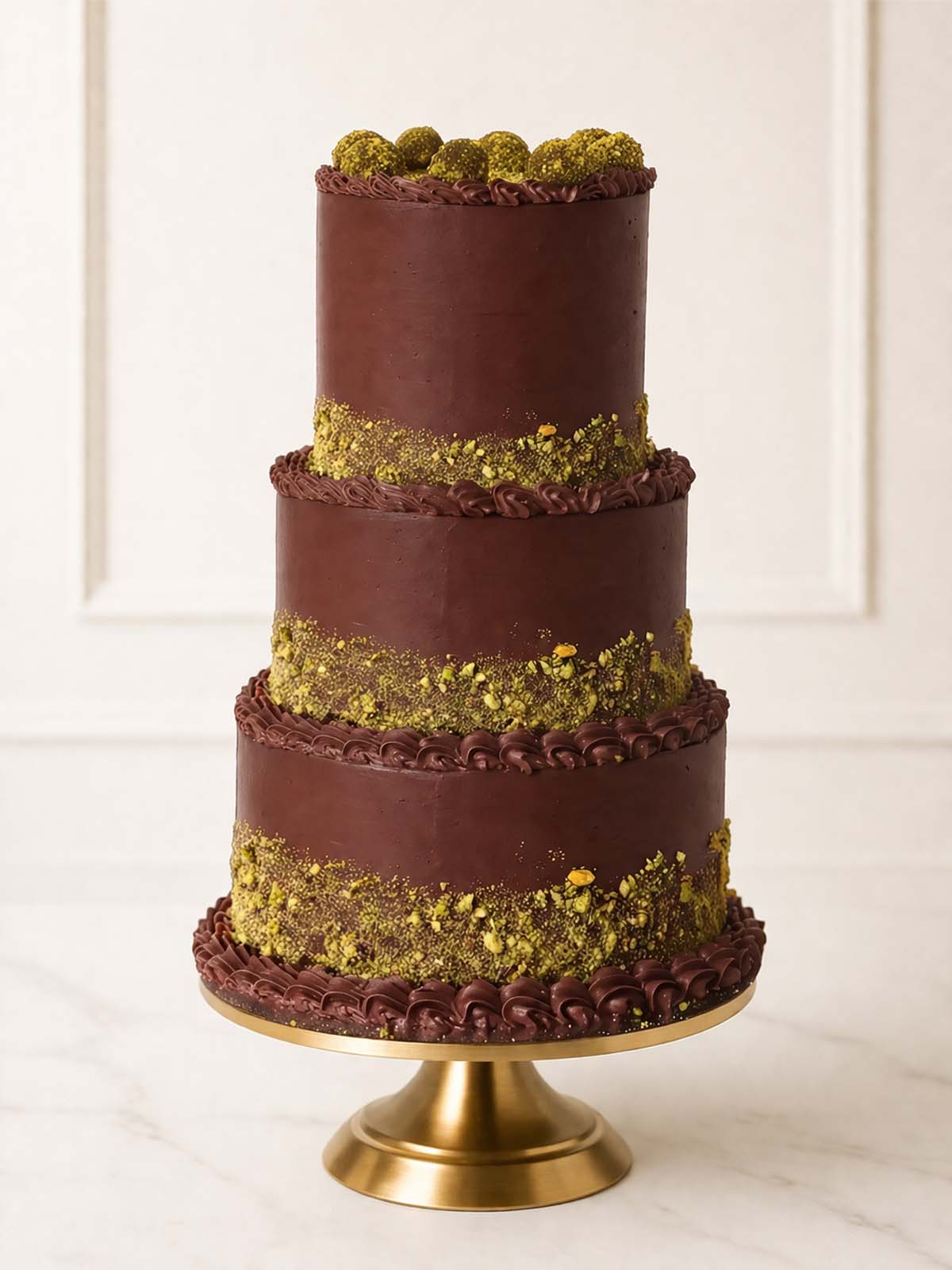 A sophisticated, modern tiered wedding cake featuring rich Belgian chocolate sponge, silky chocolate Swiss meringue buttercream, and a textured finish of crushed pistachios and cake-pop truffles. Delivered across Surrey.