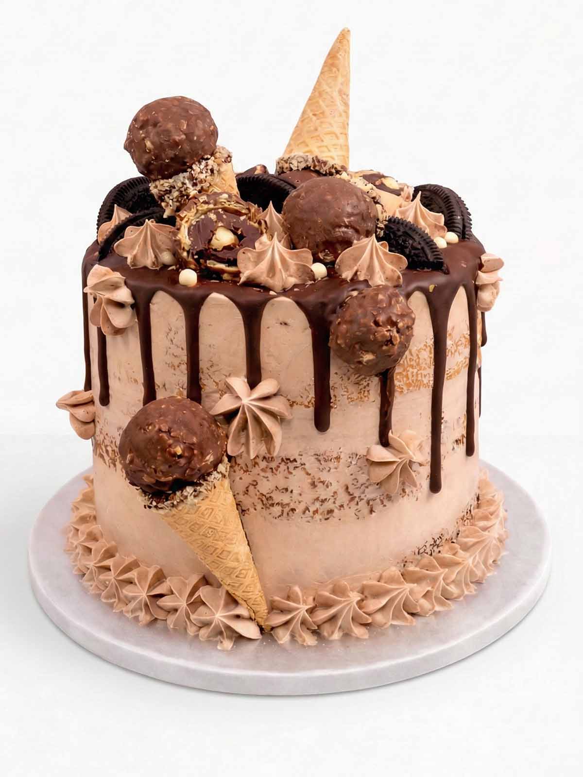 Decorative birthday cake with chocolate drizzle, ice cream cones and Ferrero Rocher delivered in London
