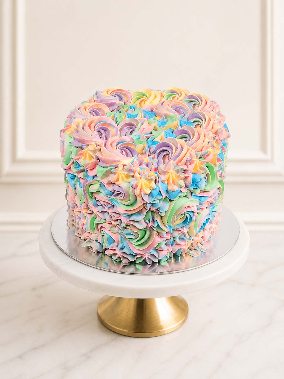 A romantic pastel heart-shaped celebration cake featuring airy vanilla sponge, Parisian macarons, and meringues with elegant buttercream piping, delivered across London and Surrey.