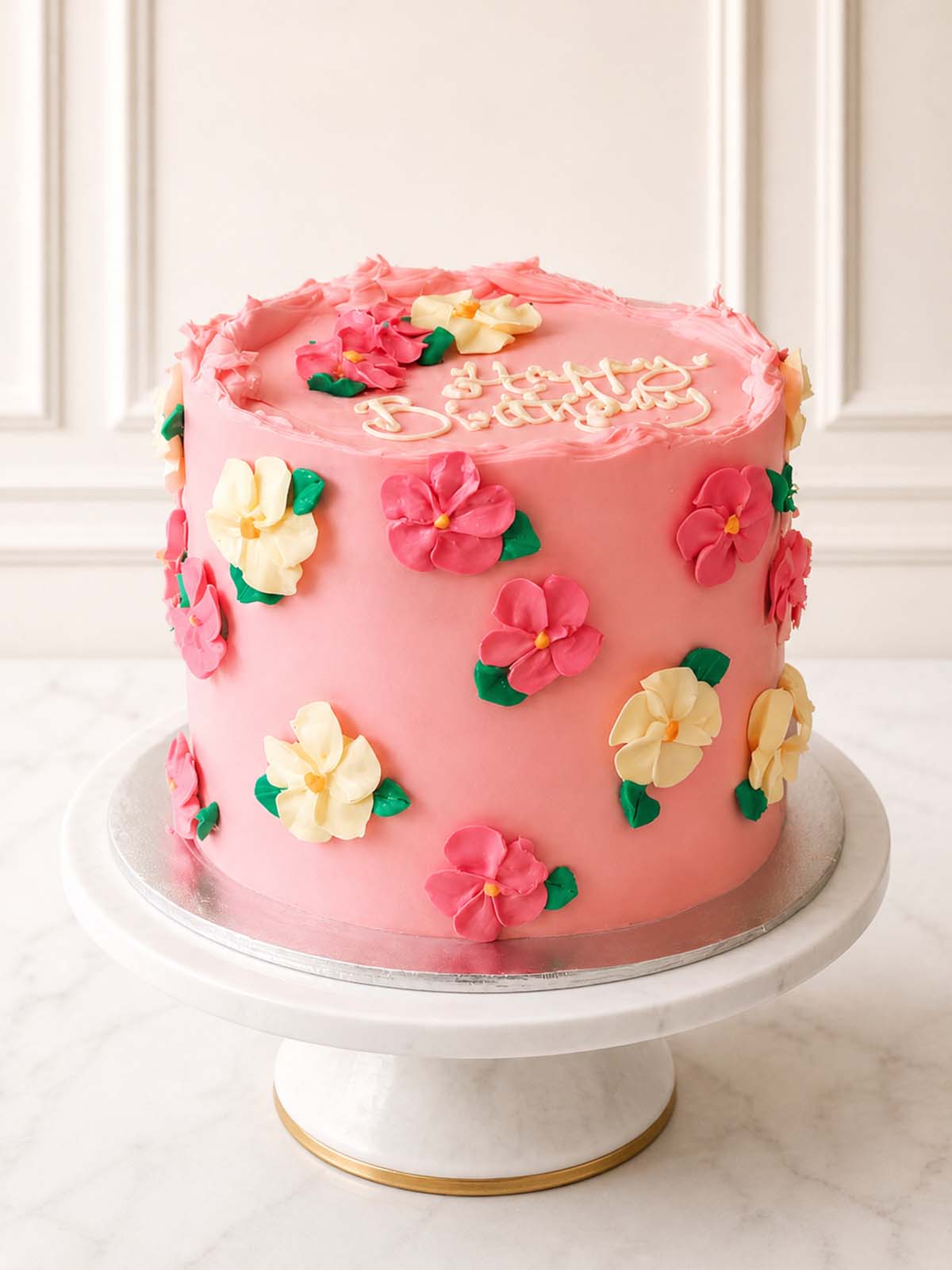 Elegant pink botanical birthday cake featuring hand-piped ivory and pink Swiss meringue buttercream blossoms, green foliage, and smooth pastel pink frosting. Delivered across London and Surrey.
