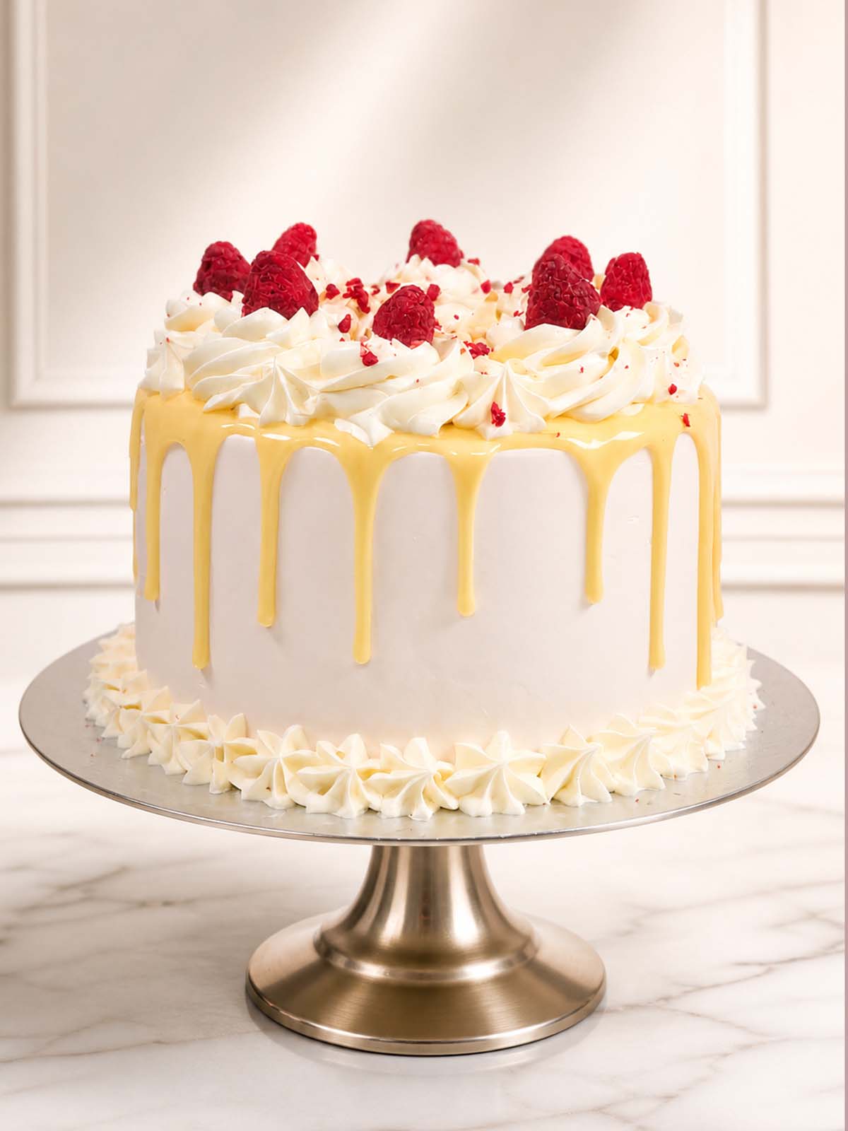 A classically pretty celebration cake featuring layers of raspberry and white chocolate sponge, finished with pink watercolour Swiss meringue buttercream, a white chocolate ganache drip, and tangy freeze-dried raspberries. Delivered in London and Surrey.