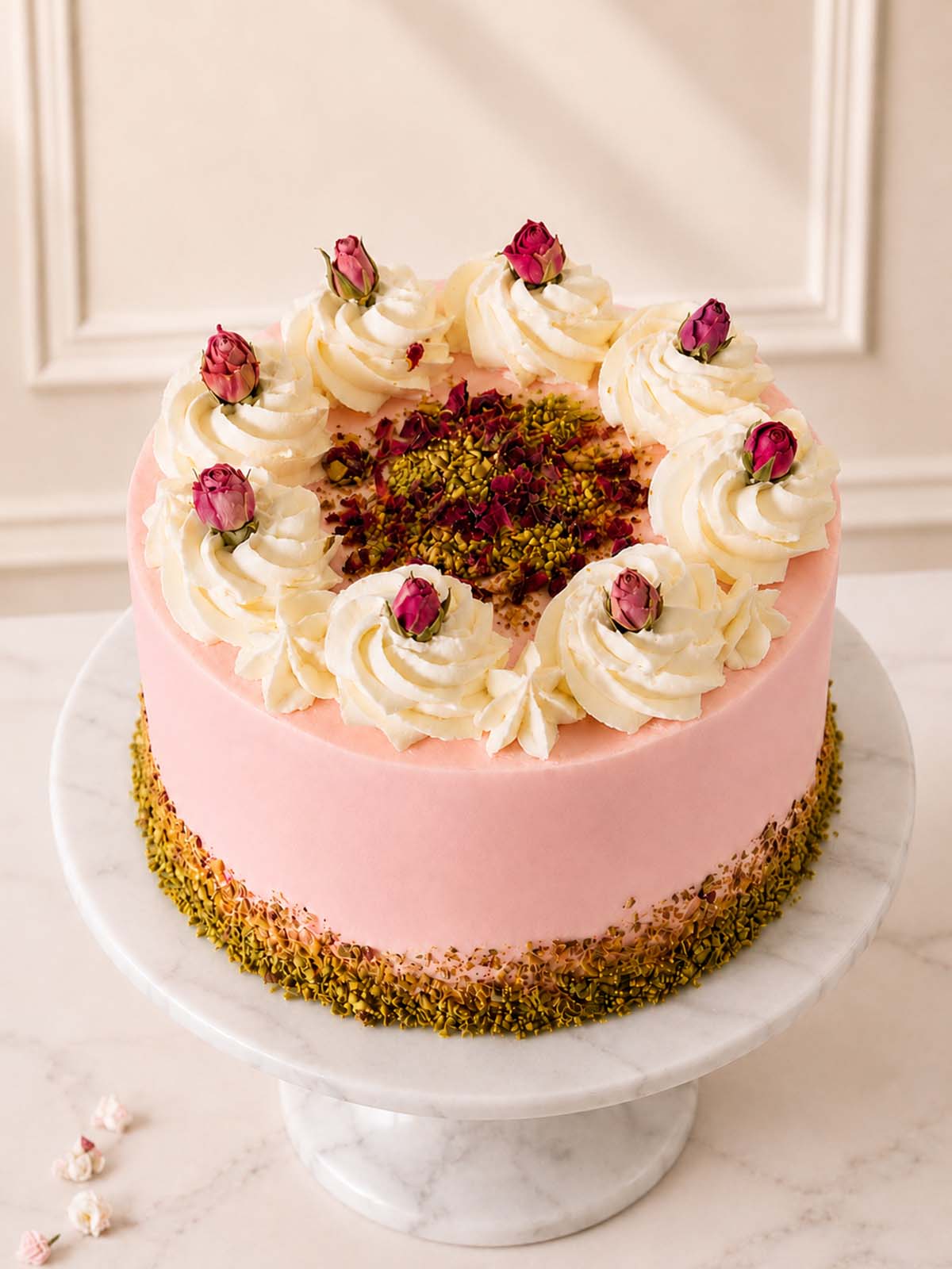 Top View of the Rose Pistachio Roseberry Cake Delivered within London (M25) and Surrey (UK). 