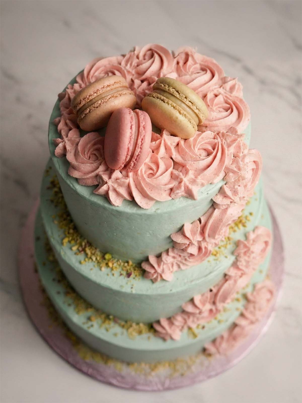 Pistachio Wedding Cake with Macarons